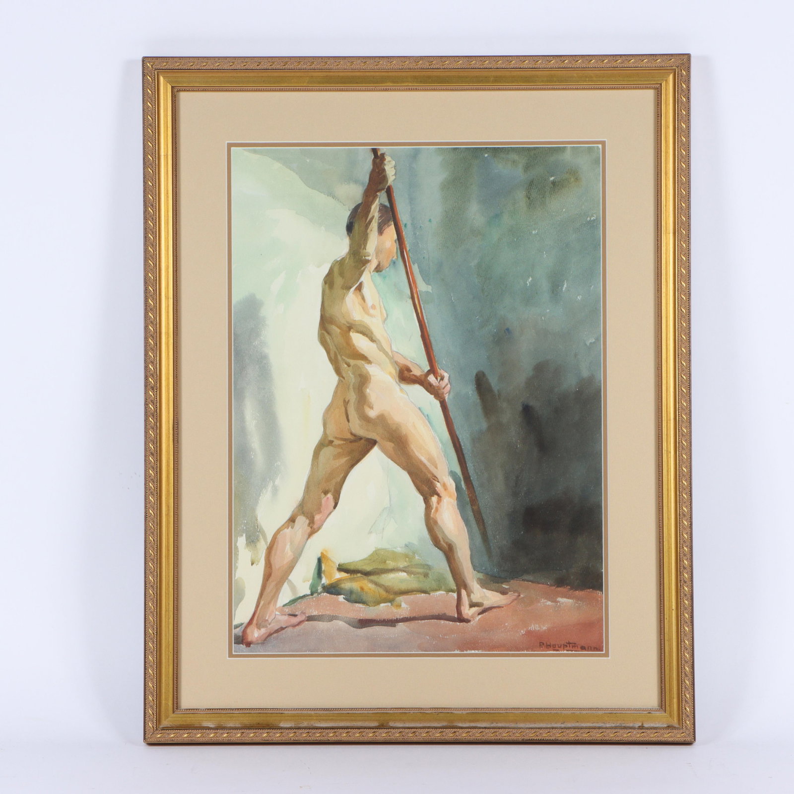 Paul Hauptmann, Germany (1887-1940), standing active male nude study, watercolor, 16"H x 11: Paul Hauptmann Germany (1887-1940) standing active male nude study watercolor Signed lower right. 16"H x 11 3/4"W(sight), 21 3/4"H x 17 1/2"W(frame)