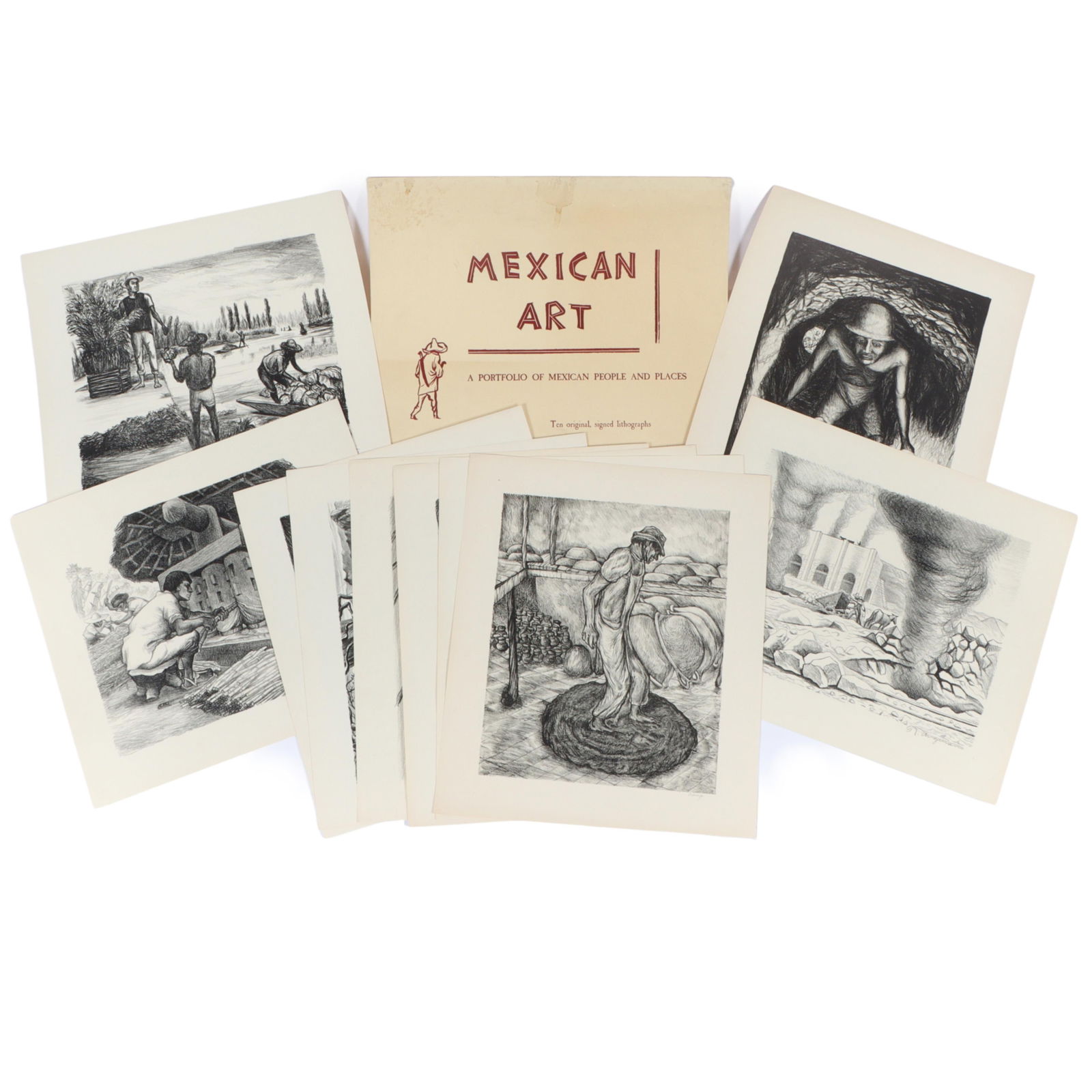 Mexican Art; A Portfolio of Mexican People and Places, 20th Century, containing 10 pencil signed: Mexican Art; A Portfolio of Mexican People and Places, 20th Century, containing 10 pencil signed lithographs. Complete set of ten lithographs, circa 1946, on cream wove paper, signed in pencil, co-pub