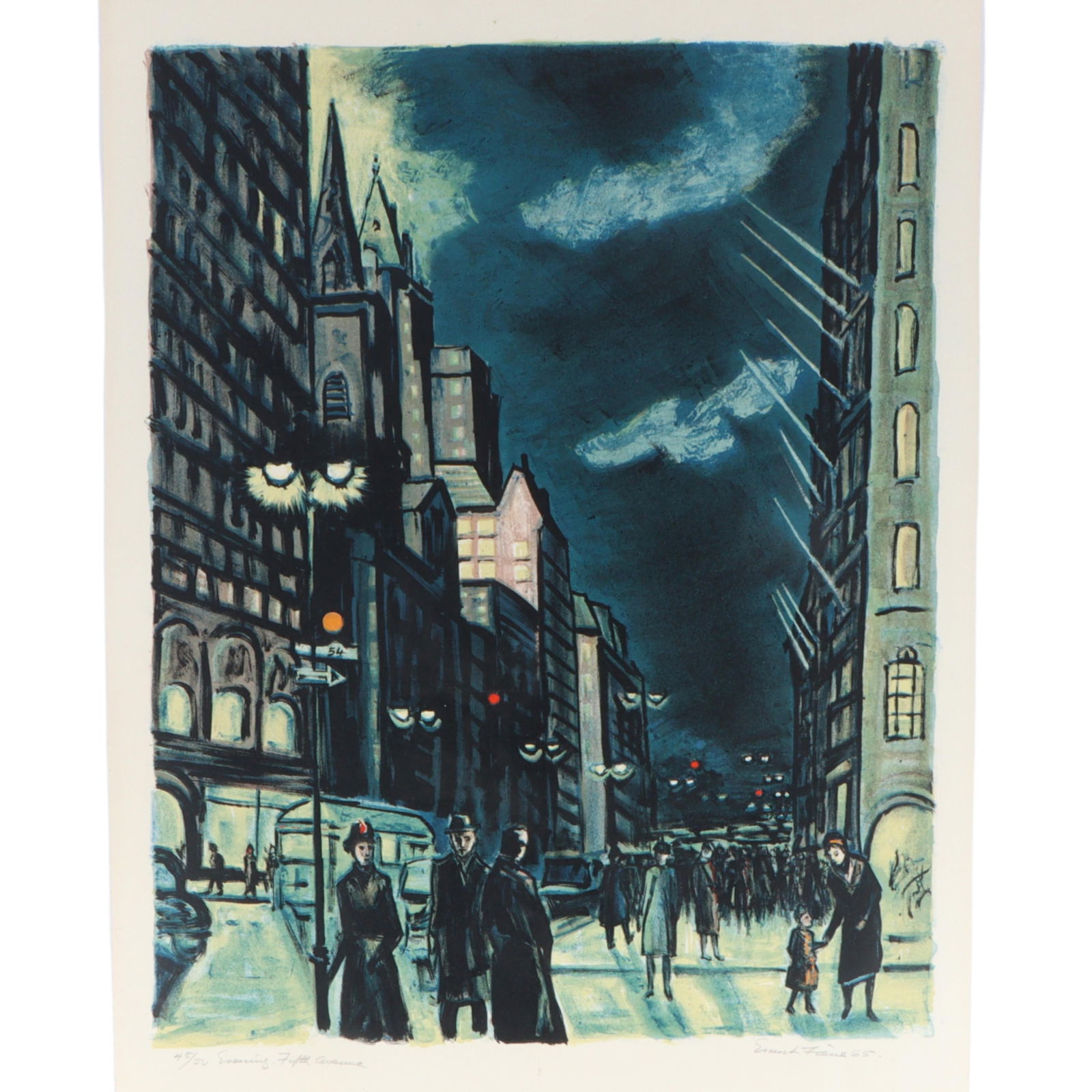 Ernest Fiene, German American (1894 - 1965), Evening, Fifth Avenue, 1965, lithograph, 26"H x 20"W: Ernest Fiene German American (1894 - 1965) Evening, Fifth Avenue, 1965 lithograph Pencil signed and dated lower right, numbered 45/50. Biography from the Archives of askART: The following is from G.T.