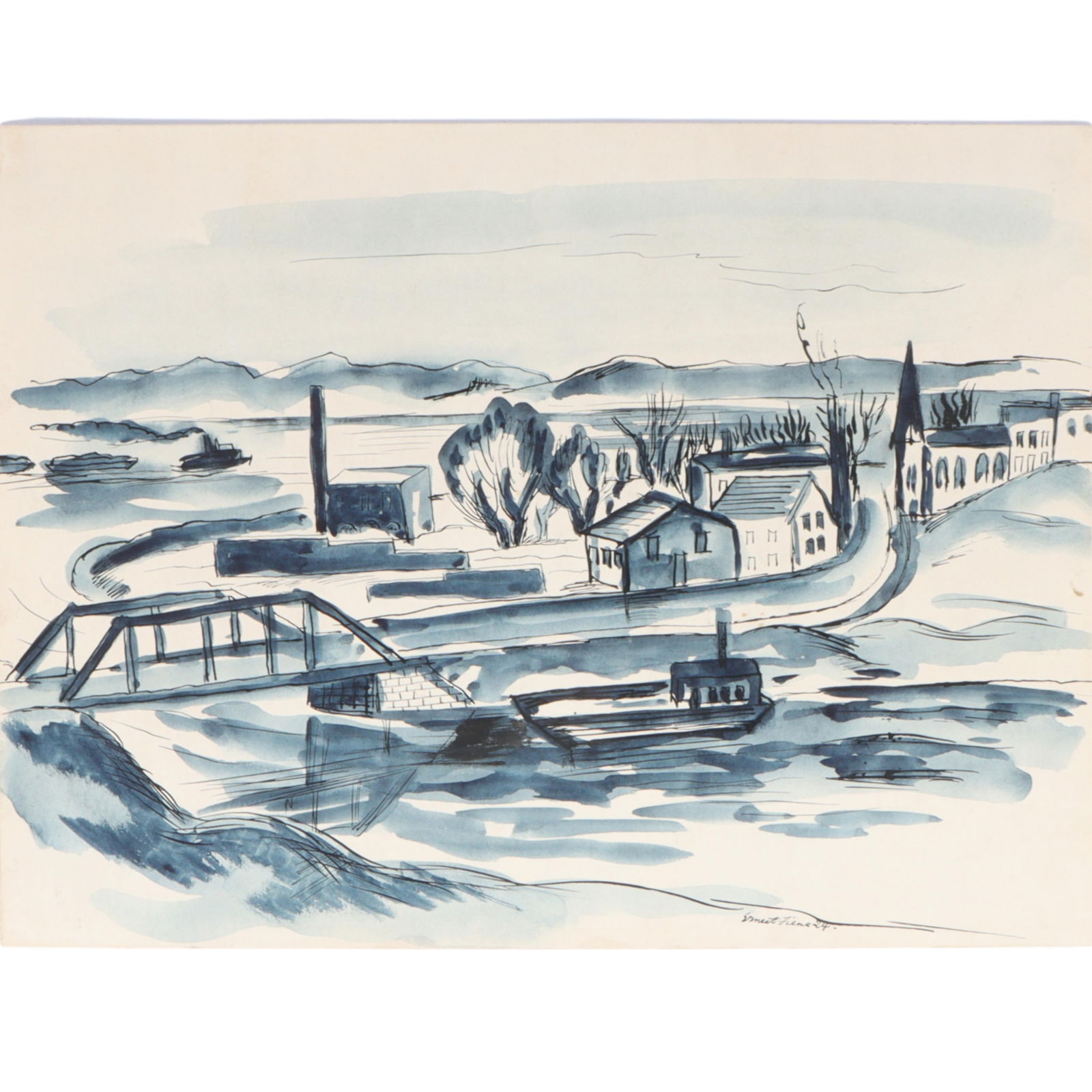 Ernest Fiene, German American (1894 - 1965), village scene with bridge, 1924, watercolor and ink on: Ernest Fiene German American (1894 - 1965) village scene with bridge, 1924 watercolor and ink on board Signed and dated lower right. Biography from the Archives of askART: The following is from G.T. R