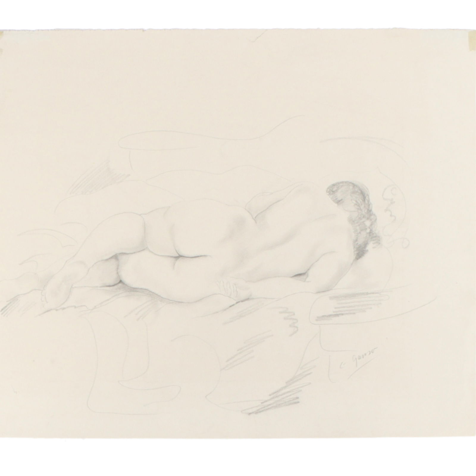 Emil Ganso, German American (1895 - 1941), recumbent female nude, graphite on paper, 16"H x 19"W: Emil Ganso German American (1895 - 1941) recumbent female nude graphite on paper Signed lower right. Biography from Butler Institute of American Art: Ganso was born in Germany in 1895. At age 14, he a