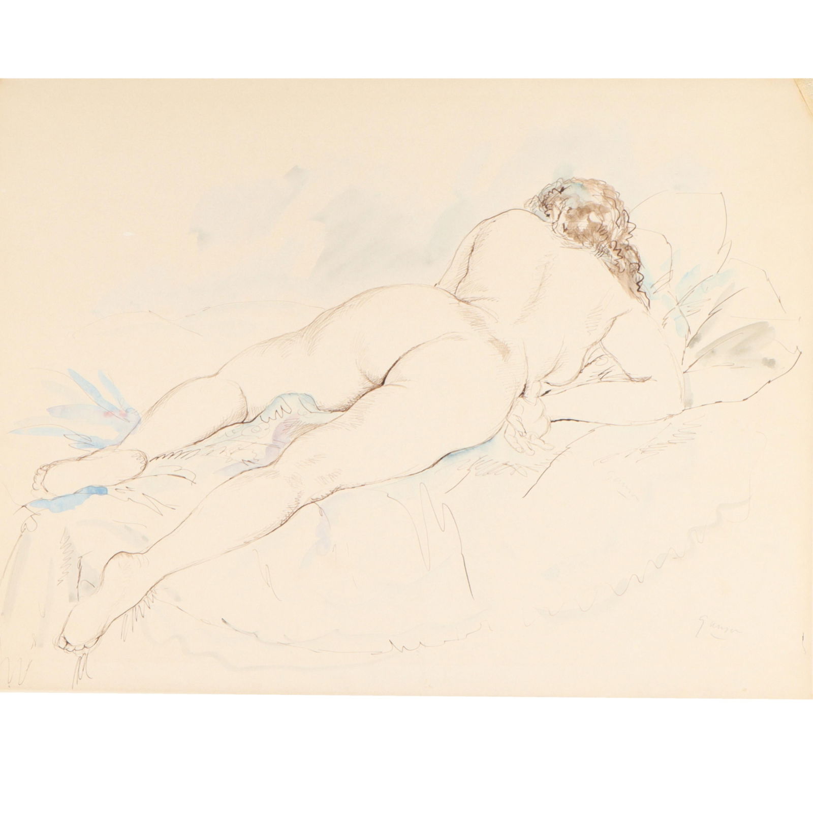 Emil Ganso, German American (1895 - 1941), Nude #3, recumbent female nude, ink and watercolor on: Emil Ganso German American (1895 - 1941) Nude #3, recumbent female nude ink and watercolor on paper Signed lower right. Biography from Butler Institute of American Art: Ganso was born in Germany in 18