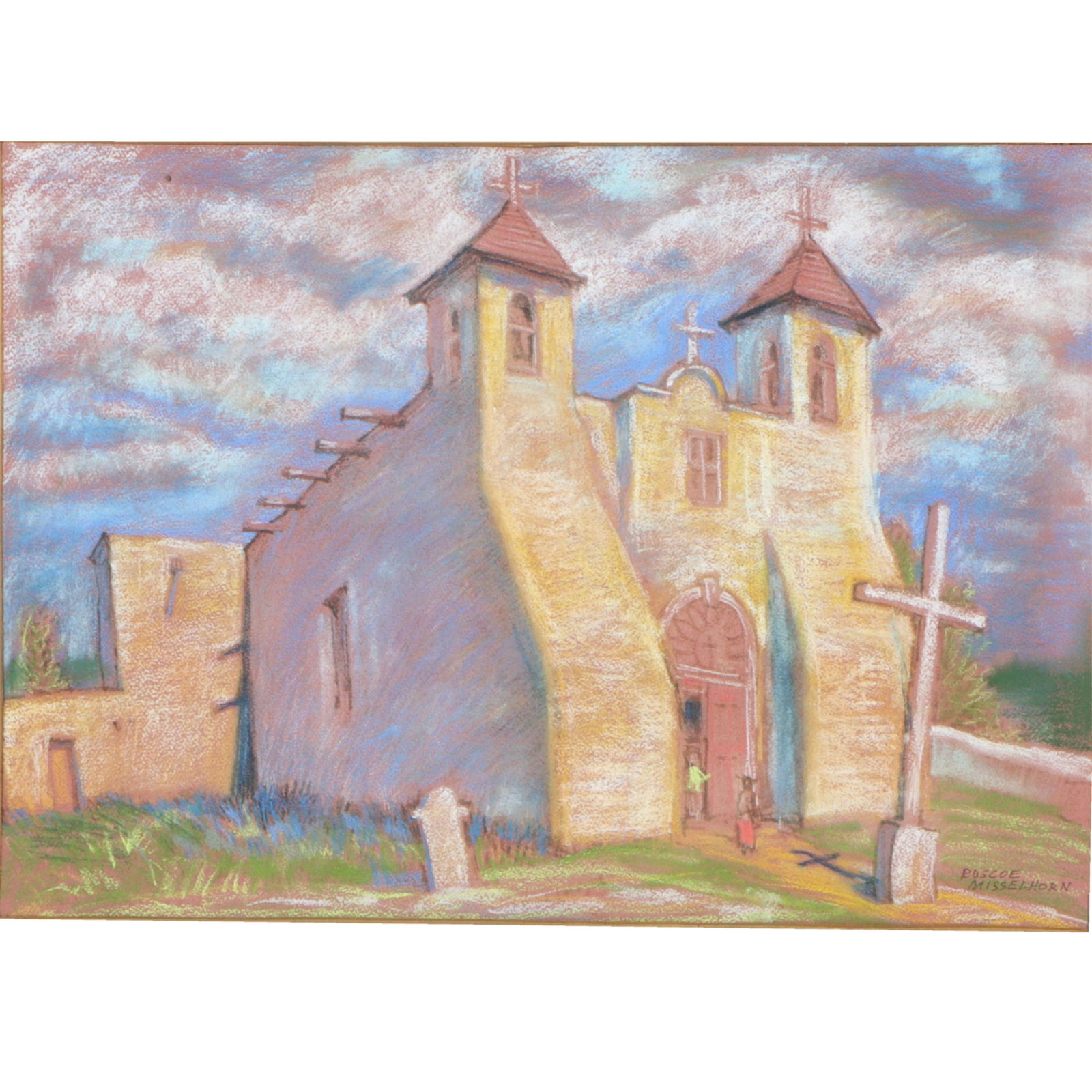 Roscoe Misselhorn, Illinois (1902 - 1997), Old Mission Taos, pastel on paper, 13? H X 18? W (sight);: Roscoe Misselhorn Illinois (1902 - 1997) Old Mission Taos pastel on paper signed lower right. Biography from the Archives of askART: "I knew in the third grade that I wanted to be an artist" said Rosc