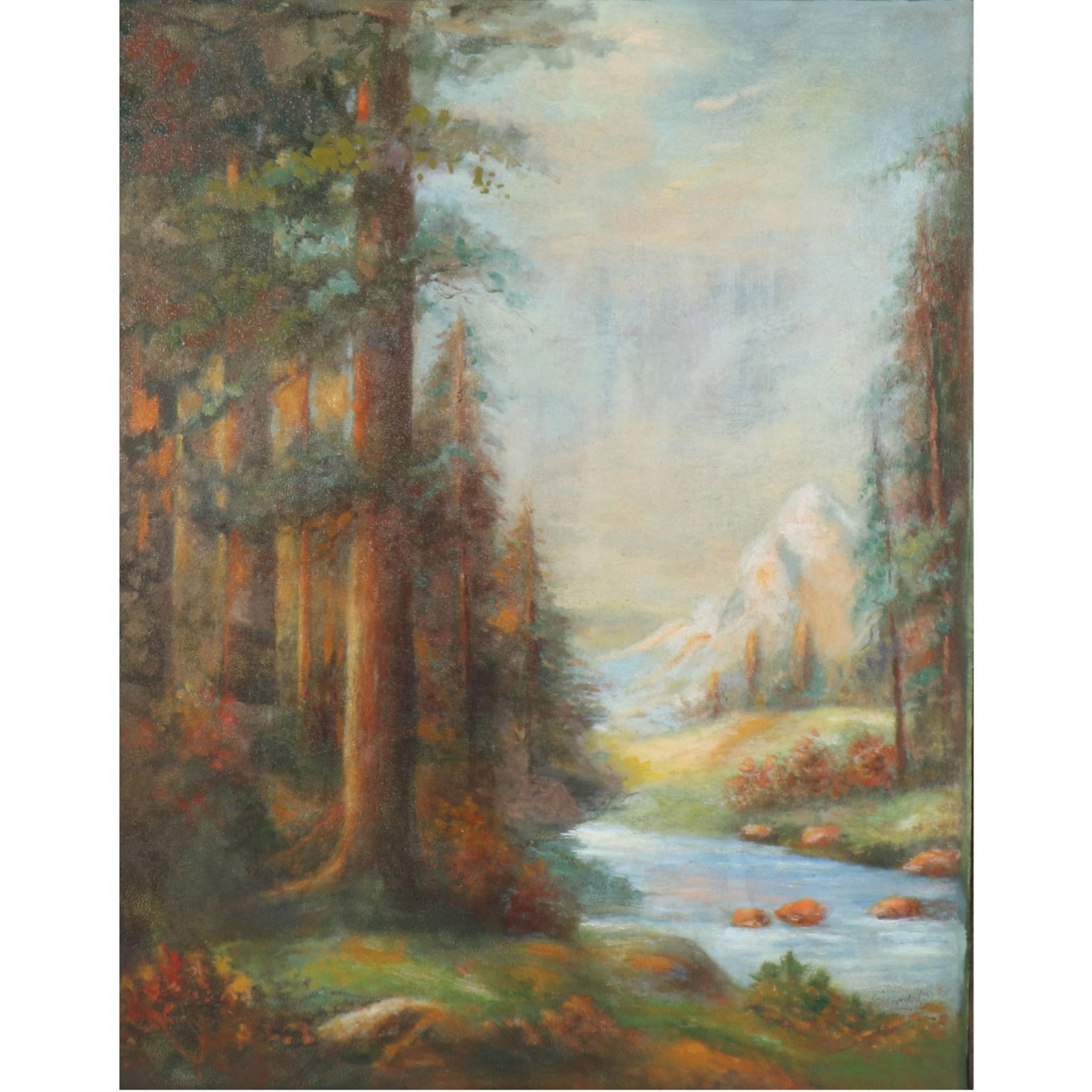 Yosemite Valley forest landscape with river and mountain, oil painting on board. American School,: Yosemite Valley forest landscape with river and mountain, oil painting on board. American School, 20th Century. Unsigned. 19 1/2? H X 15 1/2? W (sight); 26? H X 21 3/4? W (frame)