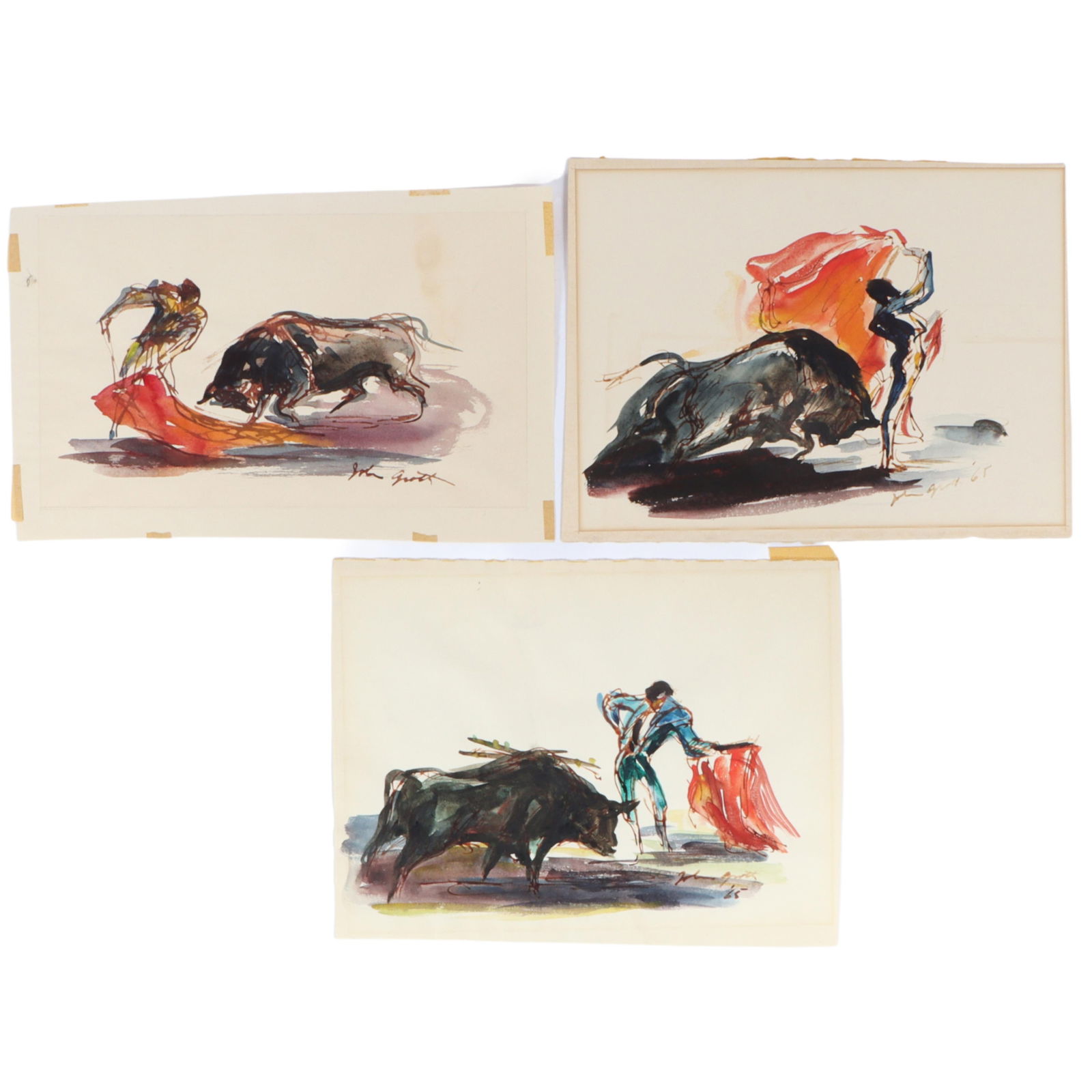 John Groth, American (1908 - 1988), matador series of 3 paintings, 1965, watercolor on paper, 11: John Groth American (1908 - 1988) matador series of 3 paintings, 1965 watercolor on paper Signed lower right. Biography from The National Art Museum of Sport, Inc: John Groth made a career as a painte