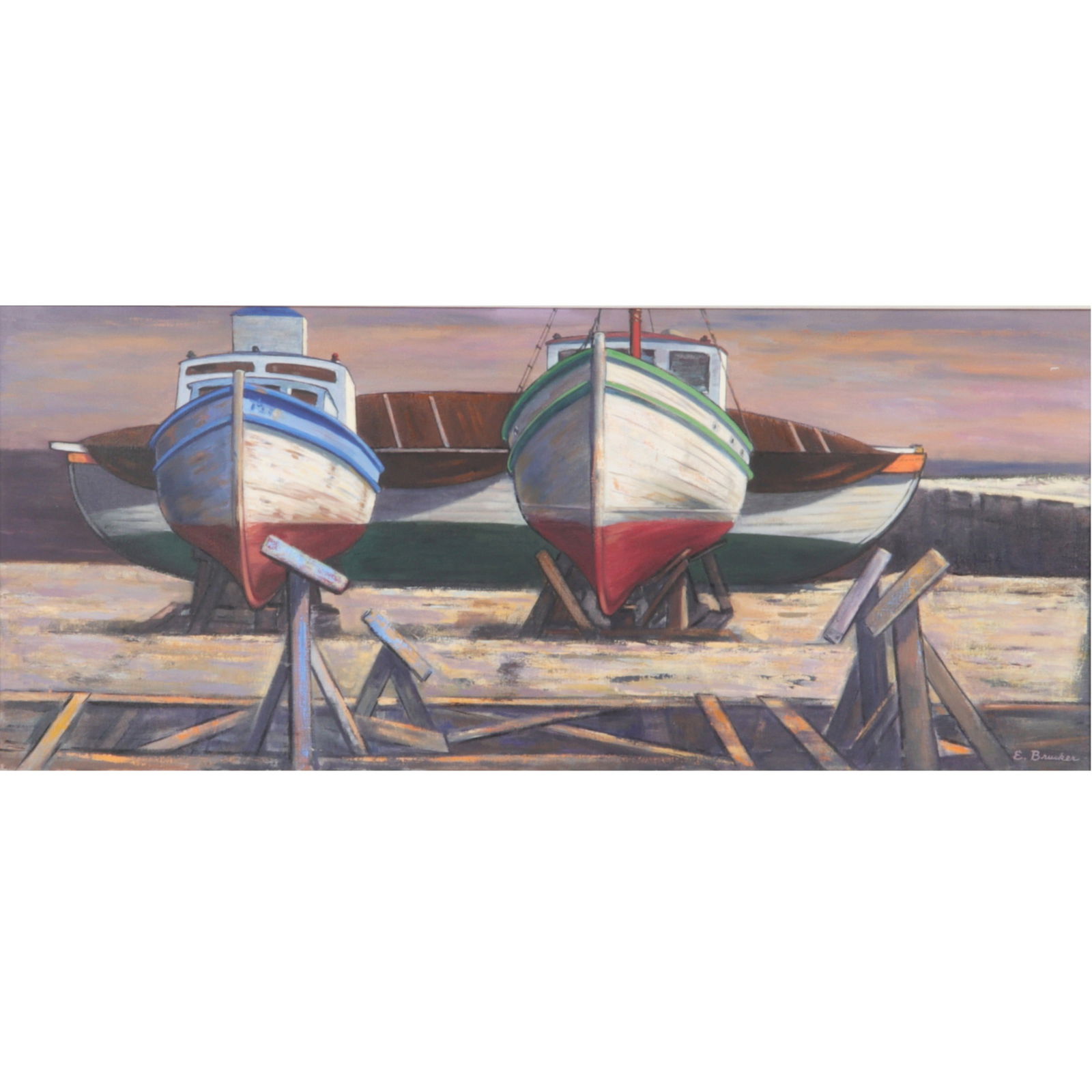 Edmund Brucker, American (1912 - 1999), Dry Dock, oil on canvas, 17 3/4"H x 41 3/4"W (sight); 23: Edmund Brucker American (1912 - 1999) Dry Dock oil on canvas signed lower left. Edmund Brucker was active as a portrait painter in Indianapolis from 1938 until his death, and he recorded the likenesse