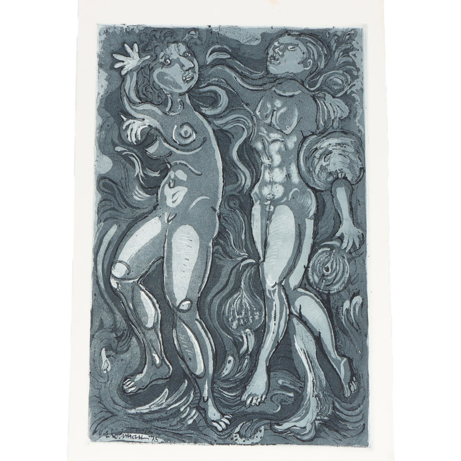 Robert Lohman, Indiana (1919-2001), female and male nude couple, 1975, etching, 20? H X 13 1/4? W: Robert Lohman Indiana (1919-2001) female and male nude couple, 1975 etching Signed and dated in the plate lower left. Lohman studied at John Herron Art Institute, and Cranbrook and Yale for graduate w