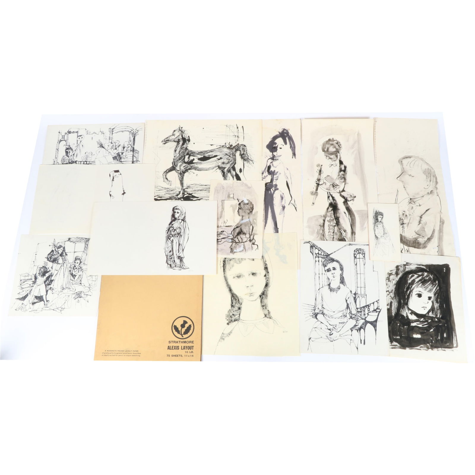 Barbara Rogers Houseworth, Indiana (1925-2015), 24 figural drawings, ink / ink and wash on paper,: Barbara Rogers Houseworth Indiana (1925-2015) 24 figural drawings ink / ink and wash on paper 7 signed with initials lower. Includes a notebook of drawings. Includes Woman in Church, The Jester, and D