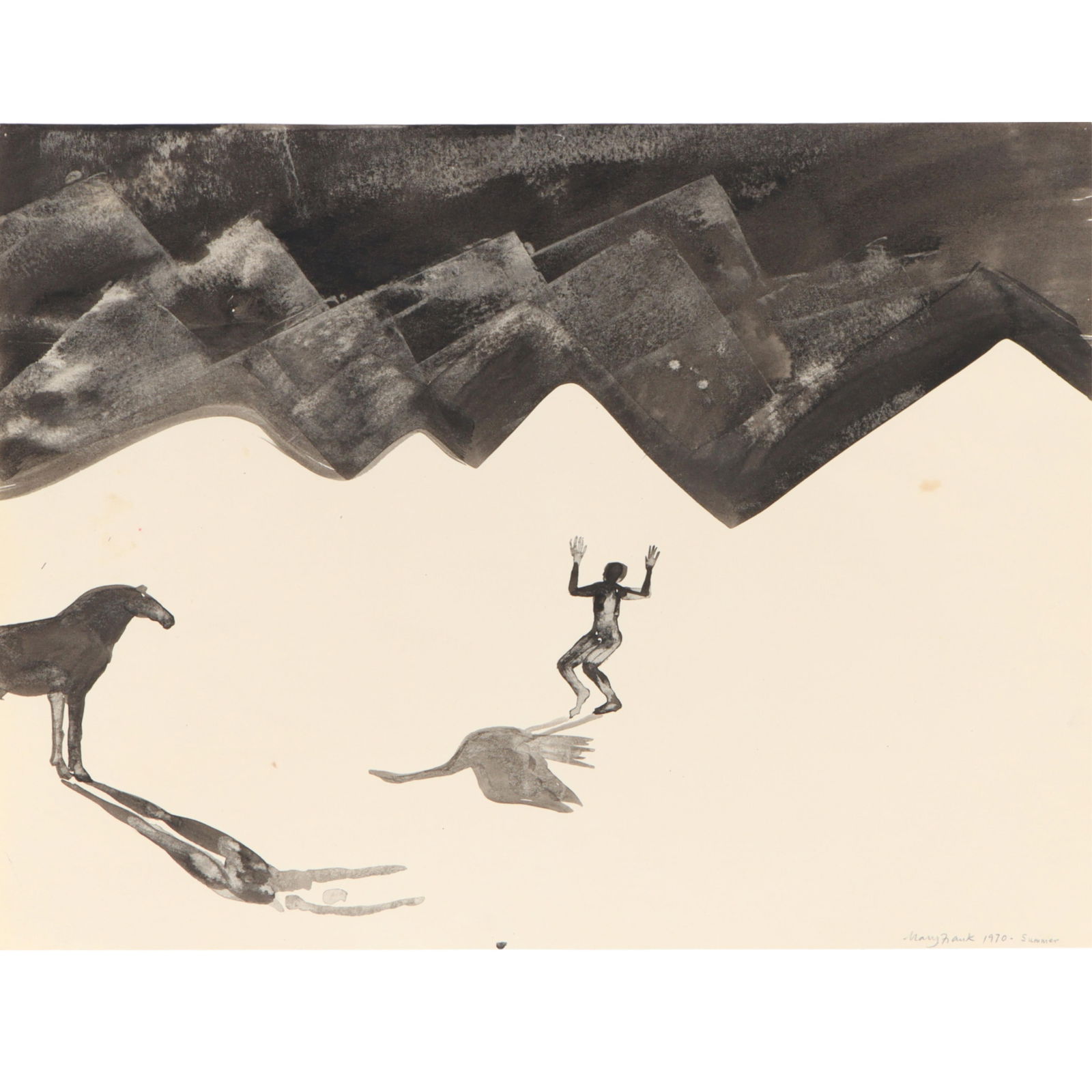 Mary Frank, British (b. 1933), figural abstract, 1970, ink and wash on paper, 15"H x 20"W: Mary Frank British (b. 1933) figural abstract, 1970 ink and wash on paper Signed lower right. From AskArt: Mary Frank is known for creating stoneware sculptures that have the appearance of terra cotta