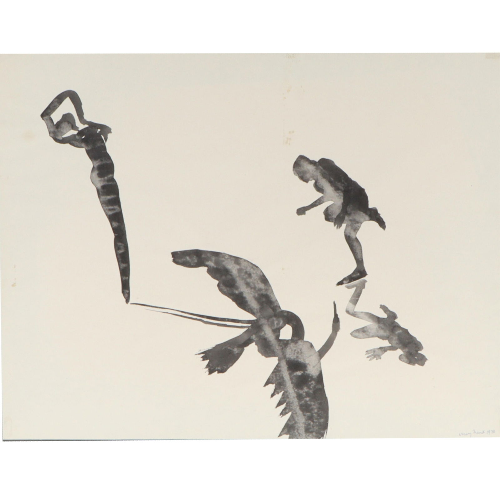 Mary Frank, British (b. 1933), figural abstract, 1970, ink and wash on paper, 17 3/4"H x 23: Mary Frank British (b. 1933) figural abstract, 1970 ink and wash on paper Signed and dated lower right. From AskArt: Mary Frank is known for creating stoneware sculptures that have the appearance of t