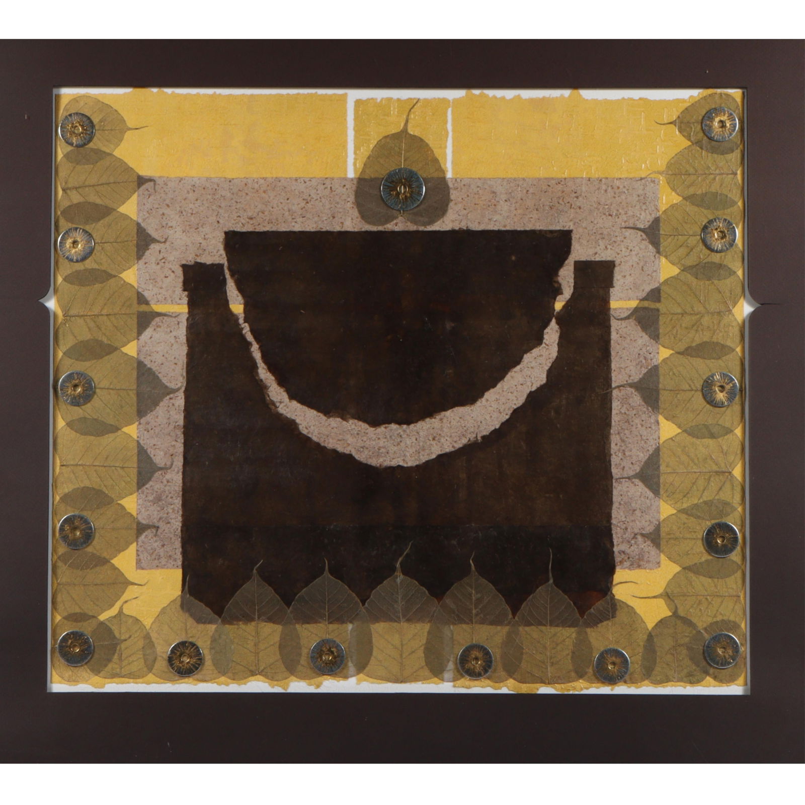 Sue Christensen, American 20th century, abstract, hand-made paper mixed media collage with leaves,: Sue Christensen American 20th century abstract hand-made paper mixed media collage with leaves Signed verso. 28?H x 32 1/4?W (sight), 48 1/4?H x 48 1/4?W (frame)