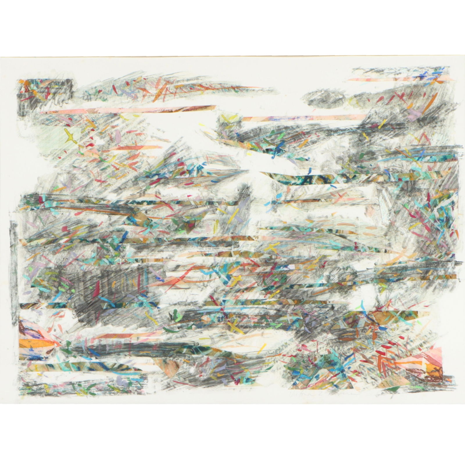 Victoria Z Rivers, American (20th/21st century), Colliding Realities, watercolor, dye, and wax paper: Victoria Z Rivers American (20th/21st century) Colliding Realities watercolor, dye, and wax paper collage Signed lower right. 14 3/4?H x 19 3/4?W (sight), 221/8?H x 27 1/8?W (frame)