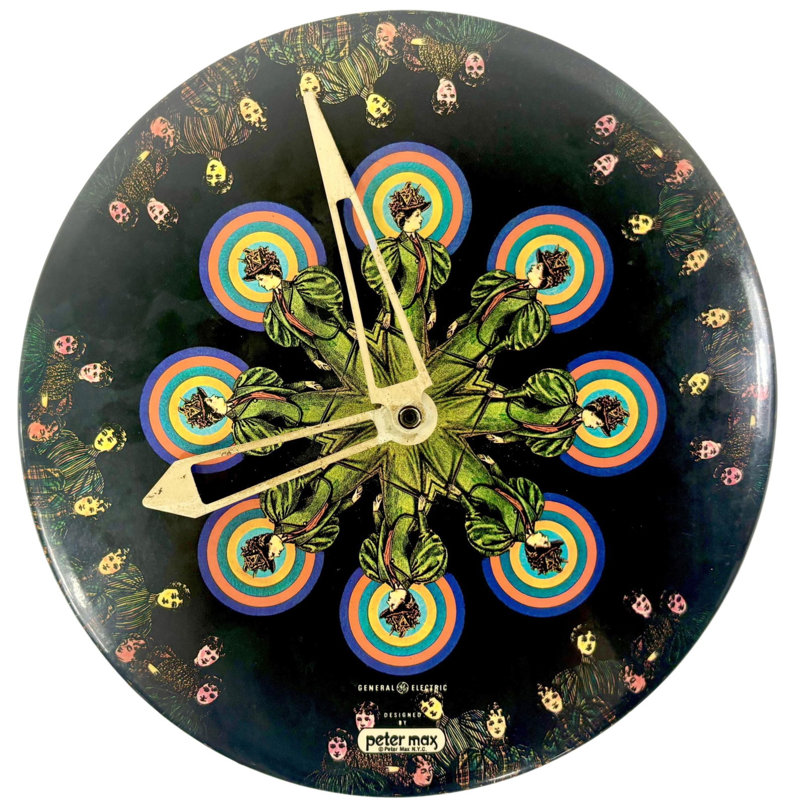 Iconic Vintage Peter Max GE General Electric Enameled Metal Wall Clock, 9?Diameter: Iconic Vintage Peter Max GE General Electric Enameled Metal Wall Clock, American Pop Art, Victorian Women Pattern, No 15V Battery, Slightly Warped, Untested 9?Diameter