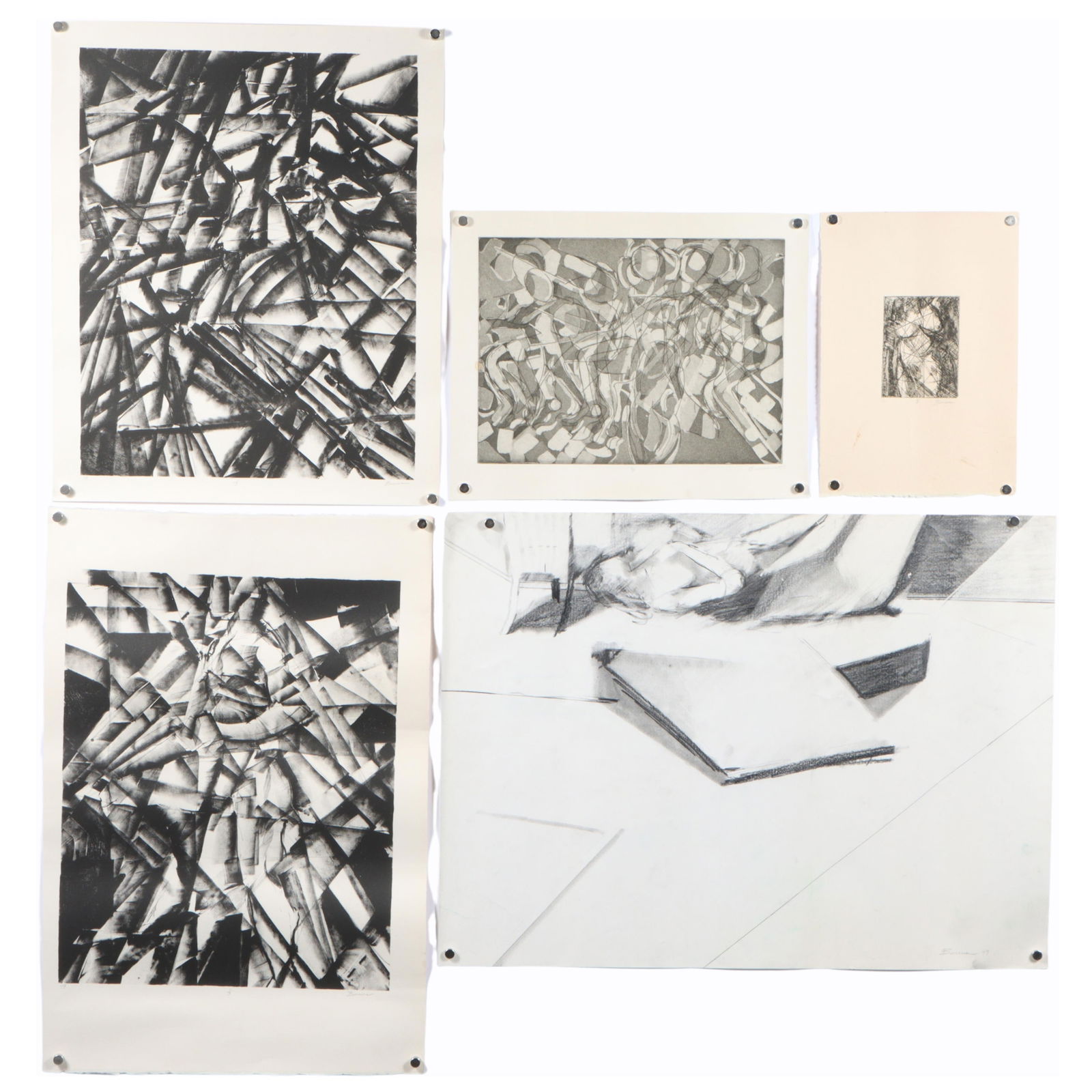 Five abstract and figural works on paper by "Burrus," limited edition and artist's proofs, all: Five abstract and figural works on paper by "Burrus," limited edition and artist's proofs, all pencil signed, 1978/79 2 lithographs, 2 etchings, charcoal drawing 18"H x 24"W (largest)