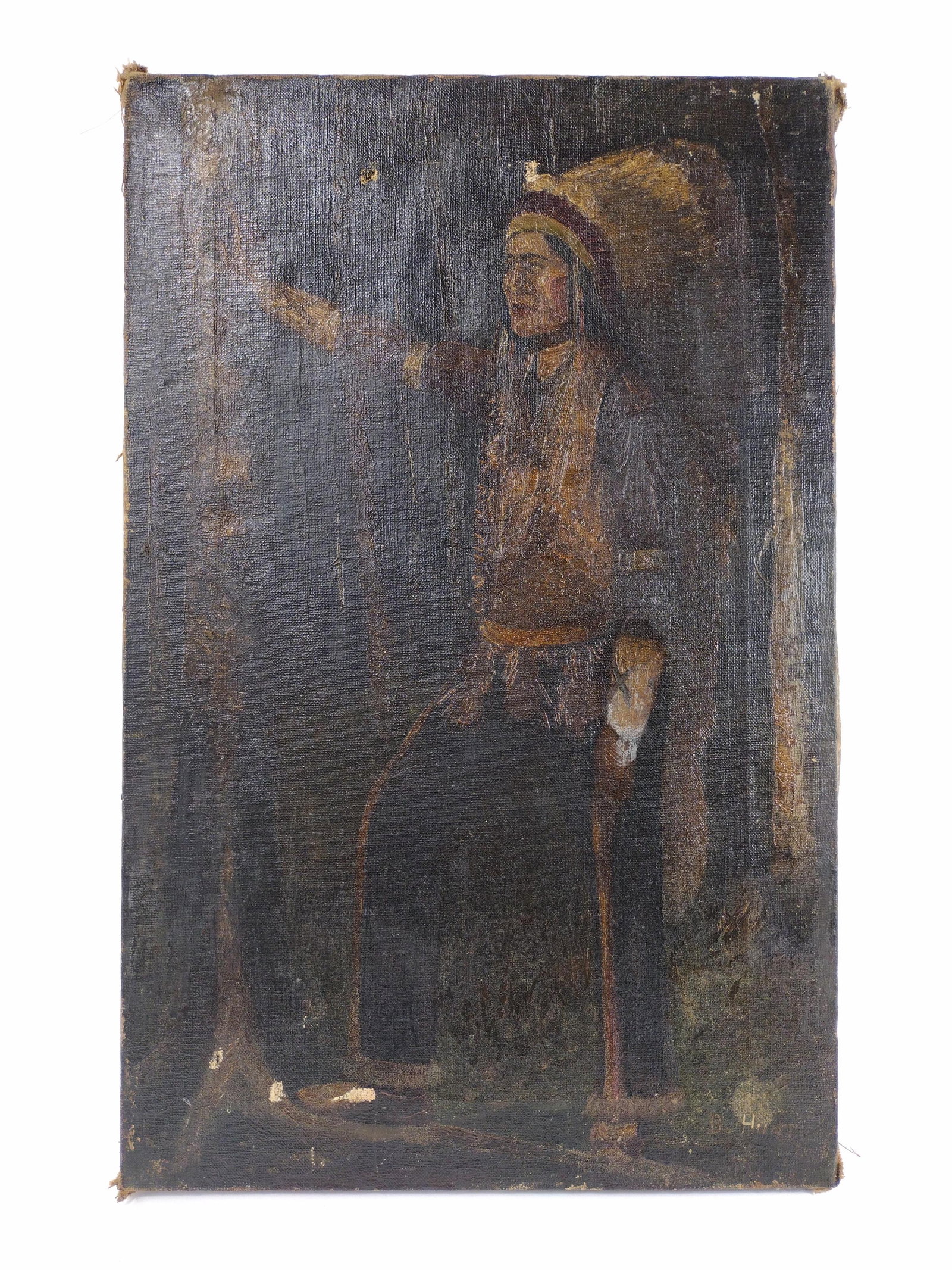 Vintage Folk Art Naive Native American Indian portrait oil painting on canvas, signed 22" x 14': Vintage Folk Art Naive Native American Indian portrait oil painting on canvas, signed Signed "D. Hunt" lower right. Painting distressed and dark with small holes in canvas 22" x 14'