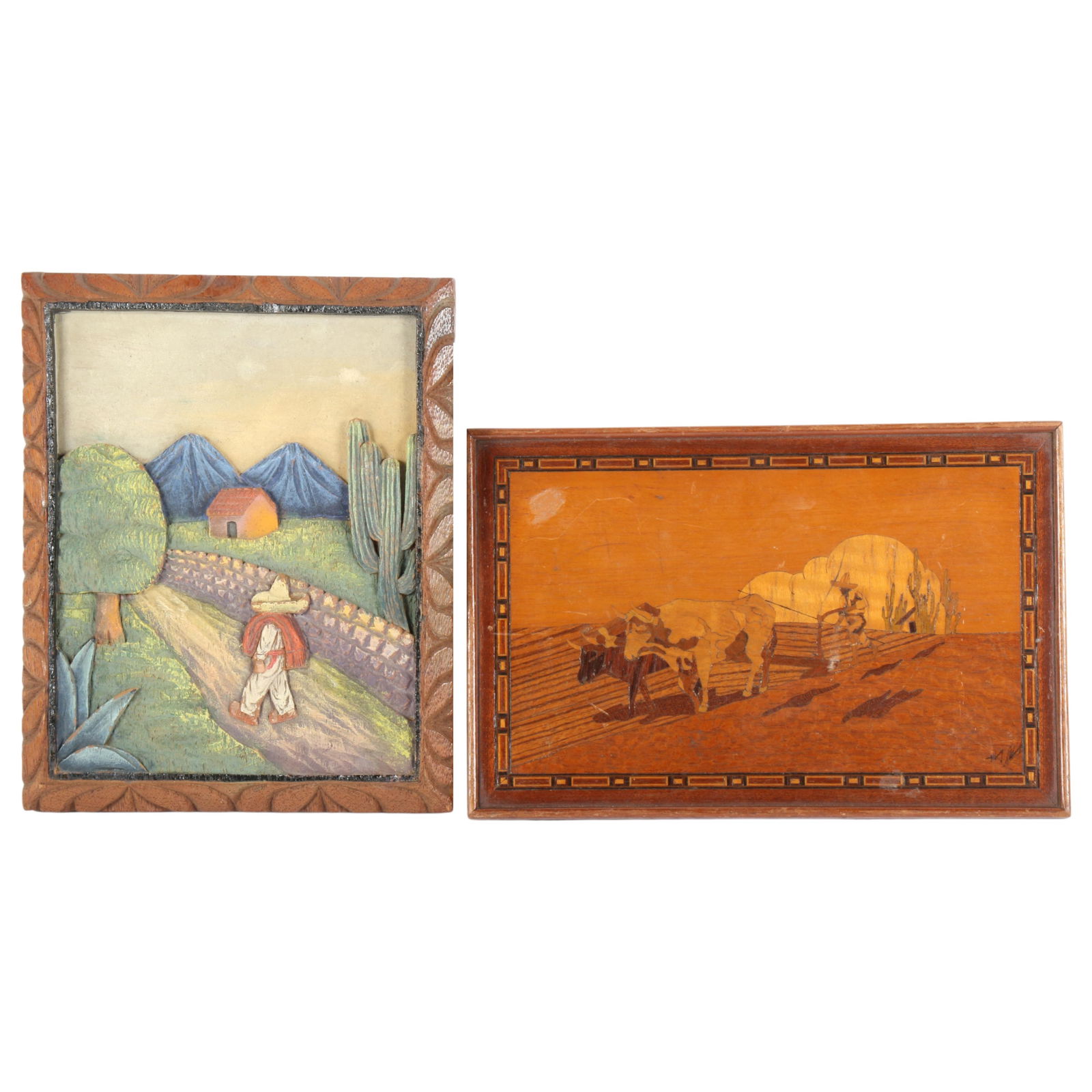 Mexican folk art hand-carved and painted wood bas-relief scenic panel and signed marquetry panel (1 of 8)