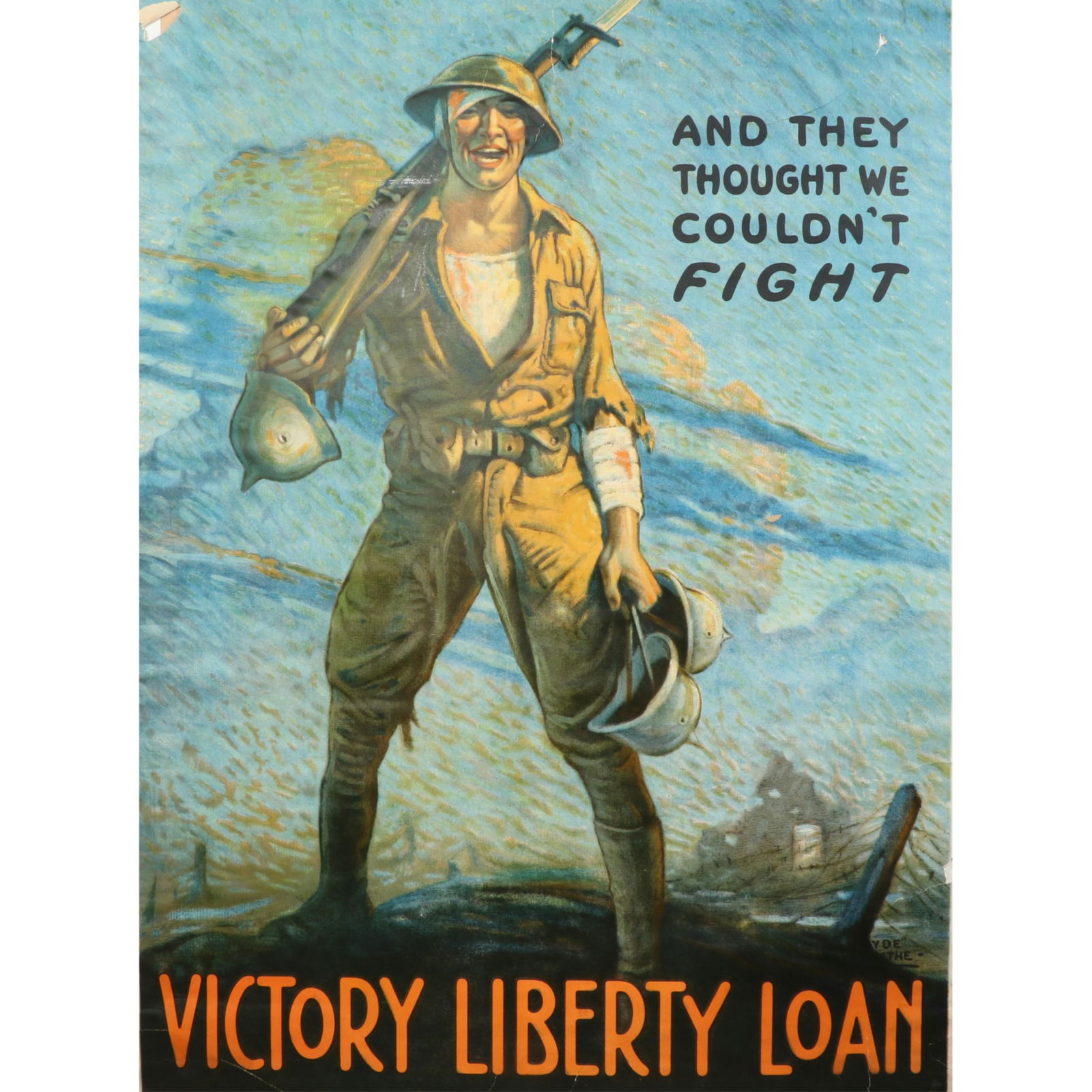 Clyde Forsythe WWI Liberty Loan poster "And They Thought We Couldn't Fight" 44"H x 31 1/2"W (board) (1 of 8)