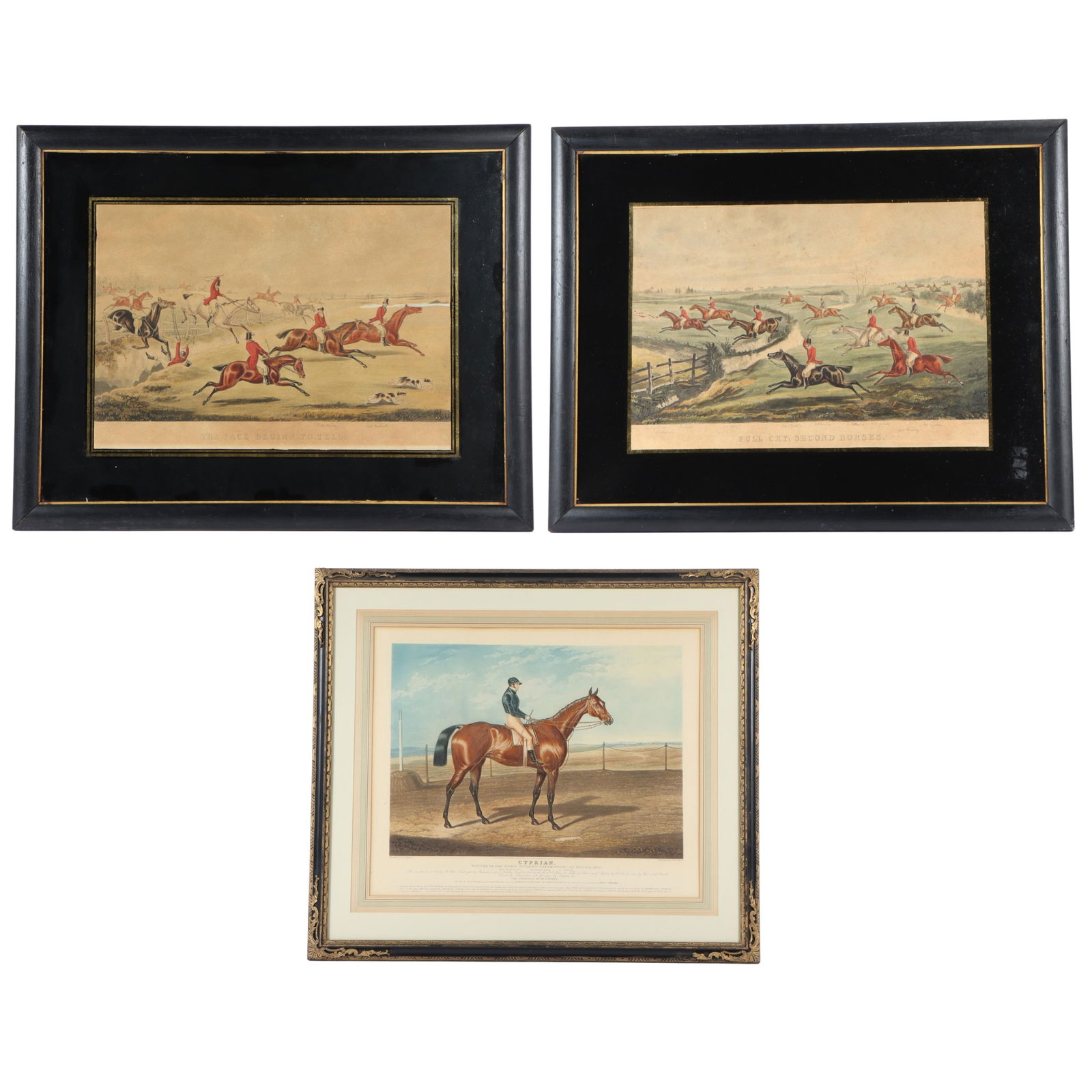Three equestrian prints: "Full Cry: Second Horses" and "The Pace Begins to Tell" from Henry Alken's: Three equestrian prints: "Full Cry: Second Horses" and "The Pace Begins to Tell" from Henry Alken's The Quorn Hunt series by Henry Thomas Alken; "Cyprian, winner of the Oaks Stakes at Epsom in 1830" 1