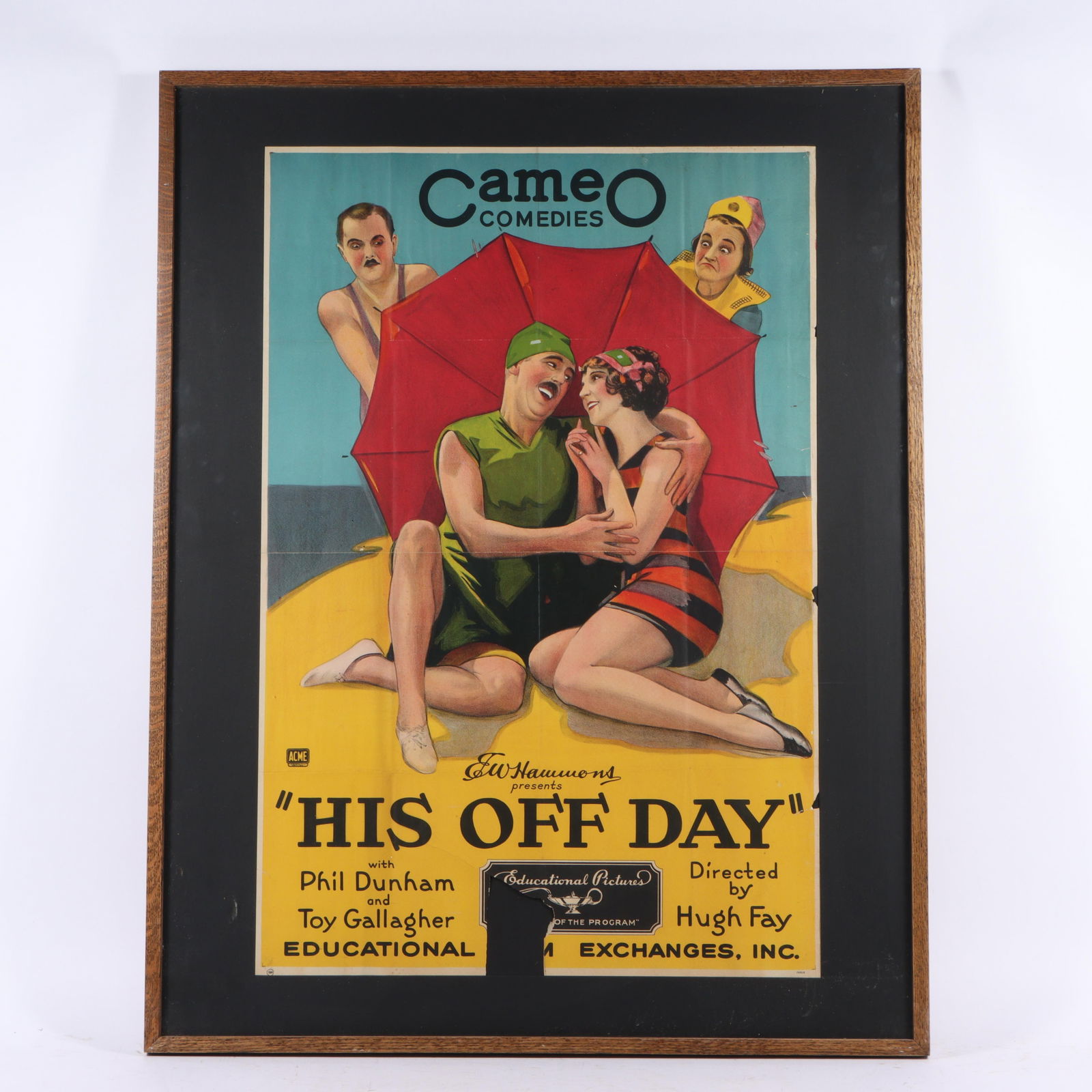 Poster for Hugh Fay's Cameo Comedy Titled "His Off Day," November 7, 1926. Phil Dunham & Toy: Poster for Hugh Fay's Cameo Comedy Titled "His Off Day," November 7, 1926. Phil Dunham & Toy Gallagher. Large chunk of poster missing from bottom. ACME Litho Co. Inc., NYC. Presented by E.W. Hammons 3