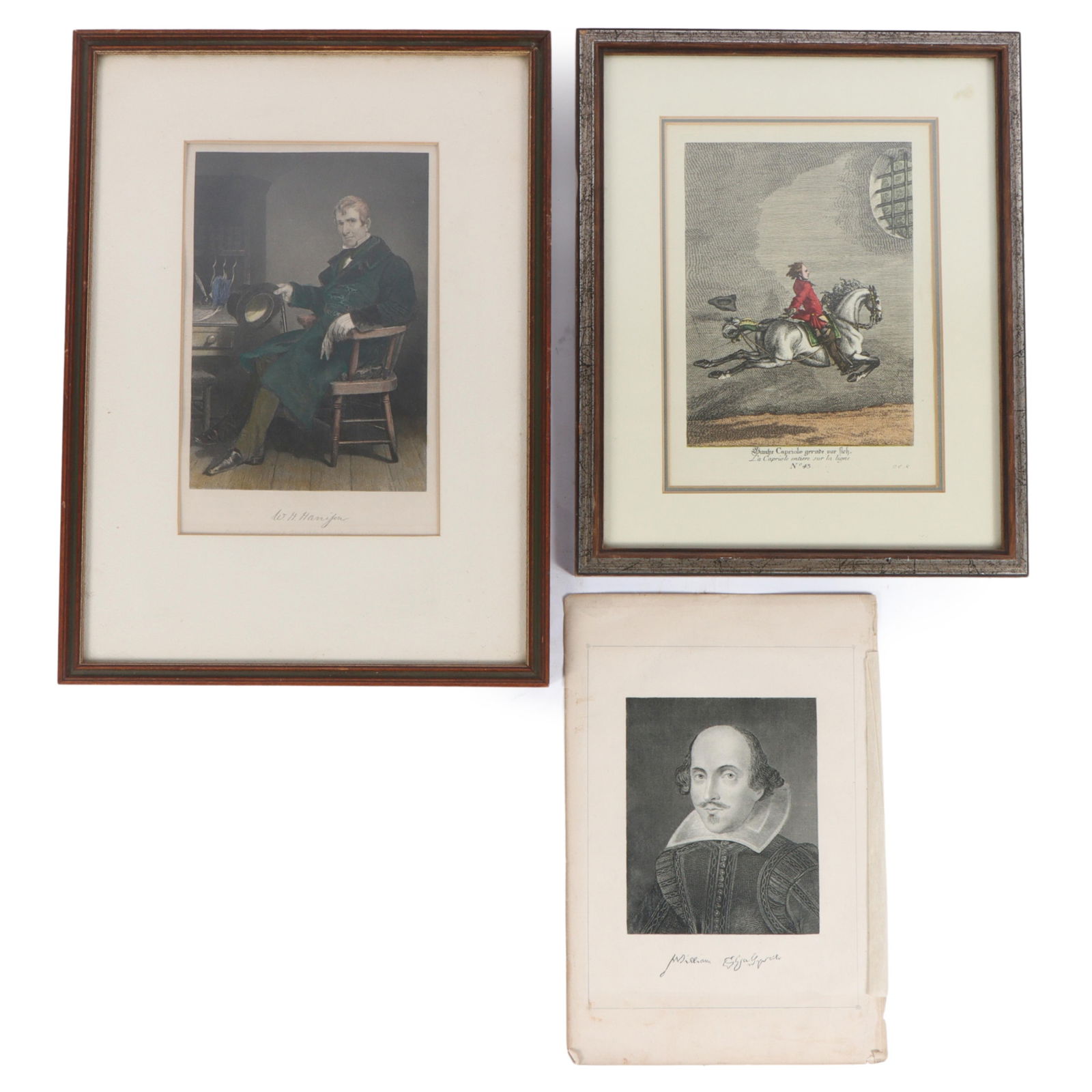 Three antique engravings: Portrait of William Henry Harrison after original painting by Alonzo: Three antique engravings: Portrait of William Henry Harrison after original painting by Alonzo Chappel; Robert Charles Bell (Scottish, 1806 - 1872) portrait of William Shakespeare; Johann Elias Riding