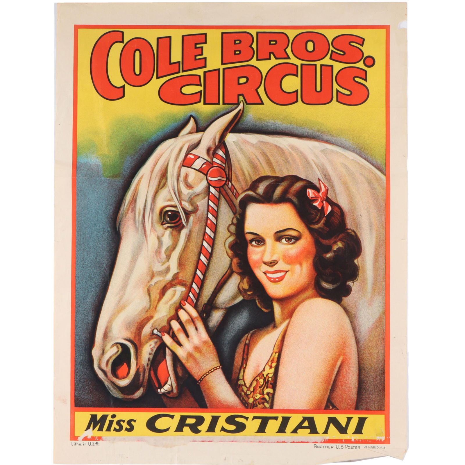 Vintage 1930s-50s? Cole Bros. Circus "Miss Cristiani" promotional circus lithograph 28? H X 21? W (1 of 18)