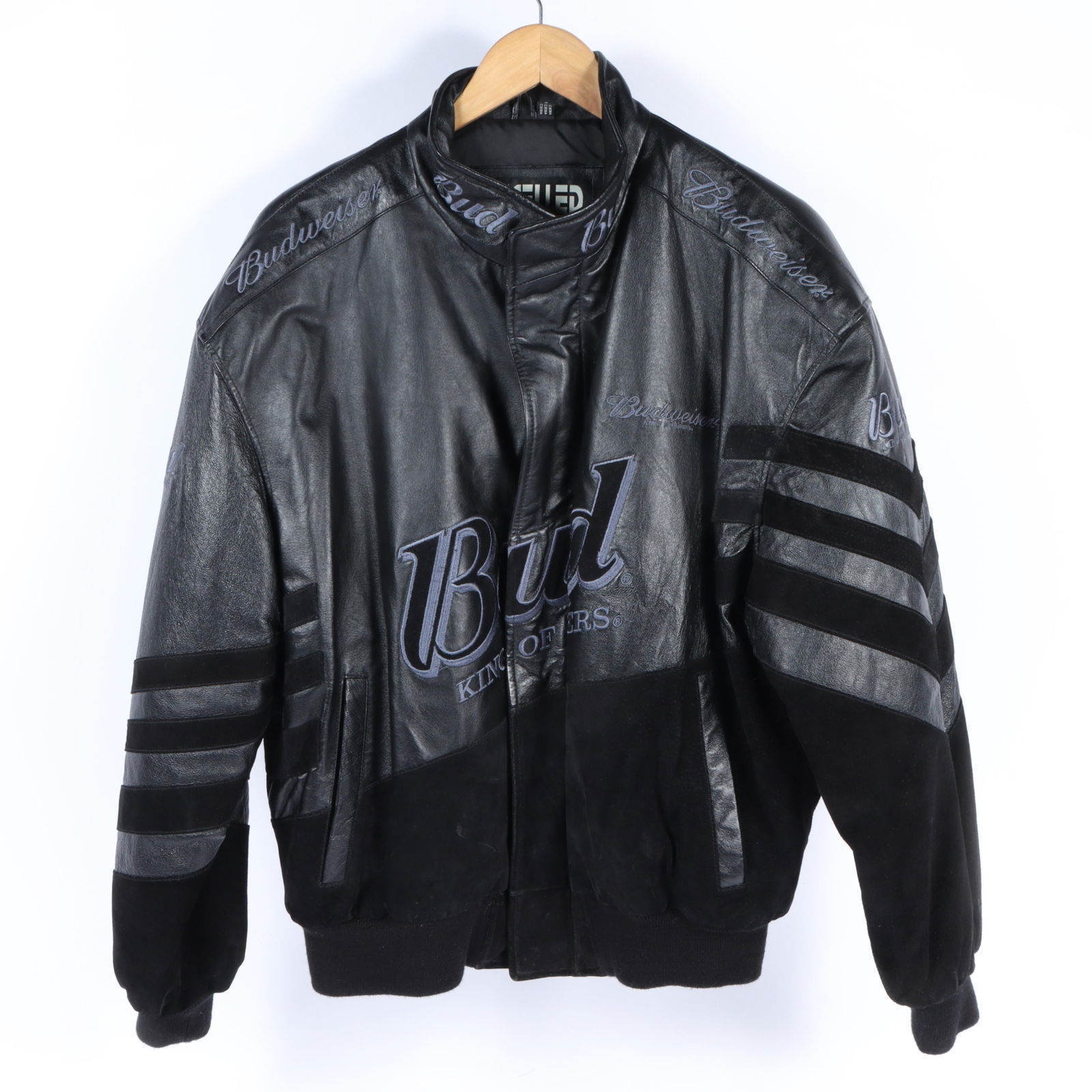 Vintage black-on-black Budweiser racing jacket with genuine leather and suede stripes by Excelled, (1 of 19)