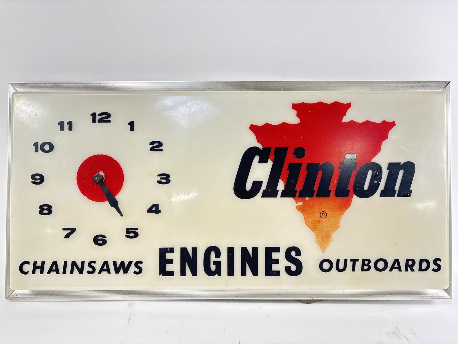 Vintage Clinton "Engines Chainsaws Outboards" illuminated advertising clock/sign 12.5" x 25.5" x (1 of 9)