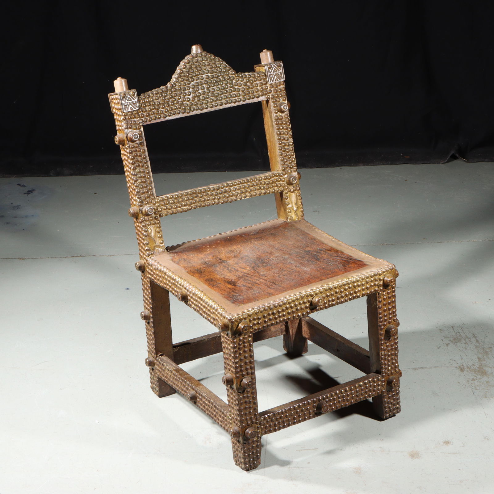 African Asante/Ashanti chief/king asipim royal throne chair, metal, leather, and wood, Ghana, 28"H x (1 of 16)