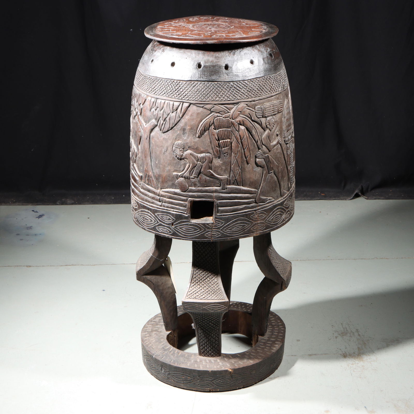African Bamileke drum base, carved wood vessel with lid 39"H x 18"W (1 of 20)