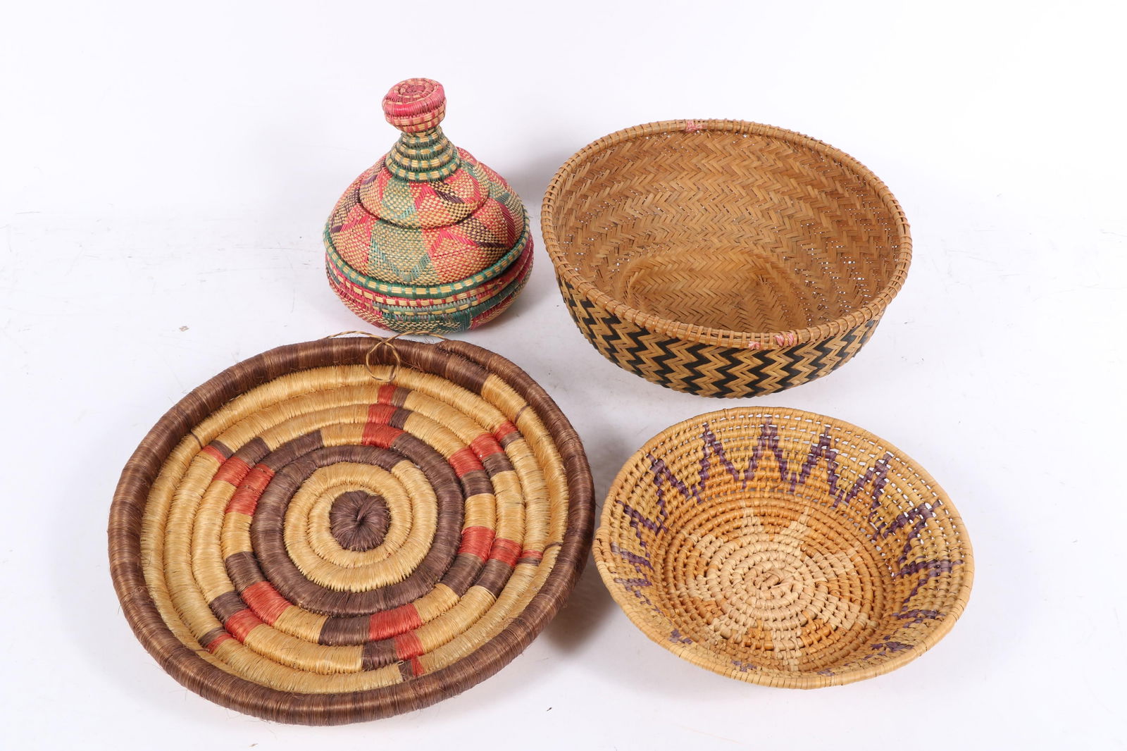 Tribal hand-woven baskets, 4pc: including Ethiopian Muday dyed woven basket with lid, Hopi coil (1 of 10)