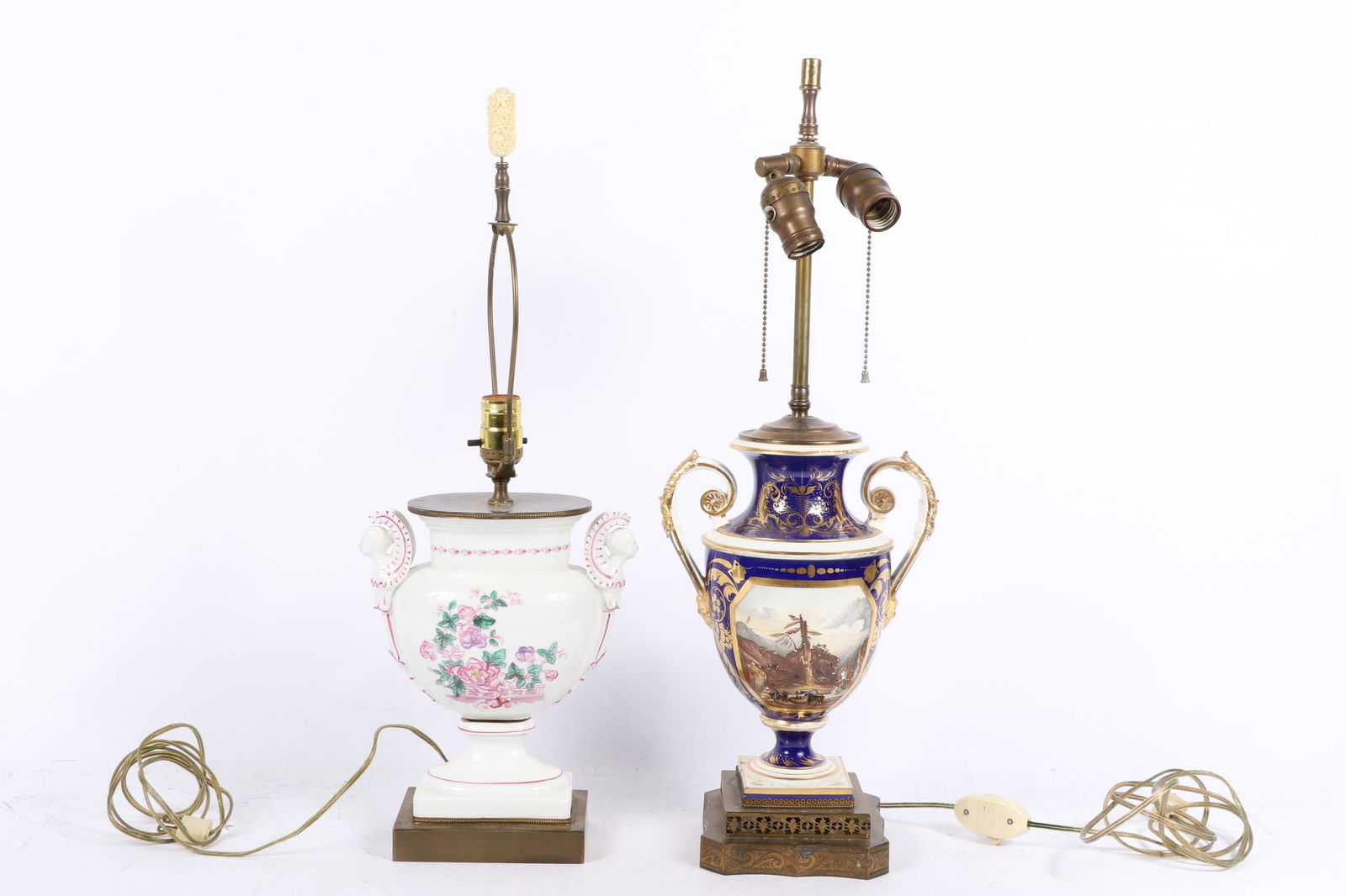 Two antique Continental hand-painted porcelain urn table lamps: German KPM? urn with floral motif, (1 of 16)