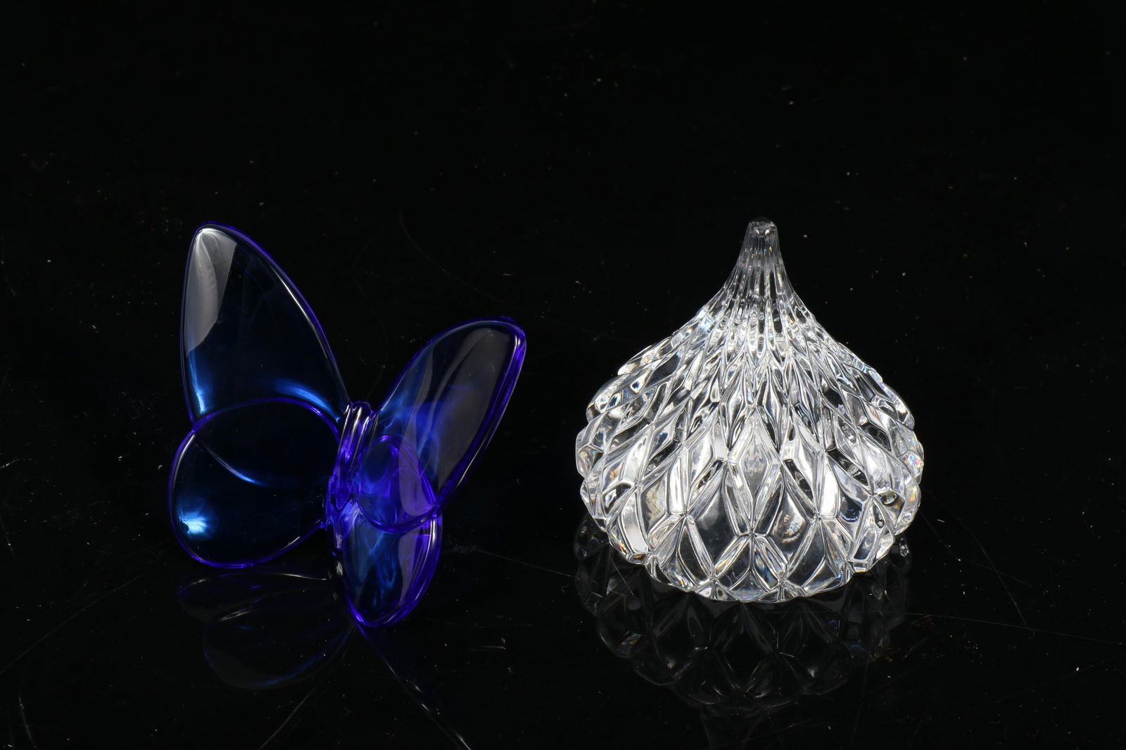 Crystal group, 2pc: Baccarat blue sapphire Lucky Butterfly, Hershey kiss paperweight 3 1/4? H X 3? D (1 of 9)