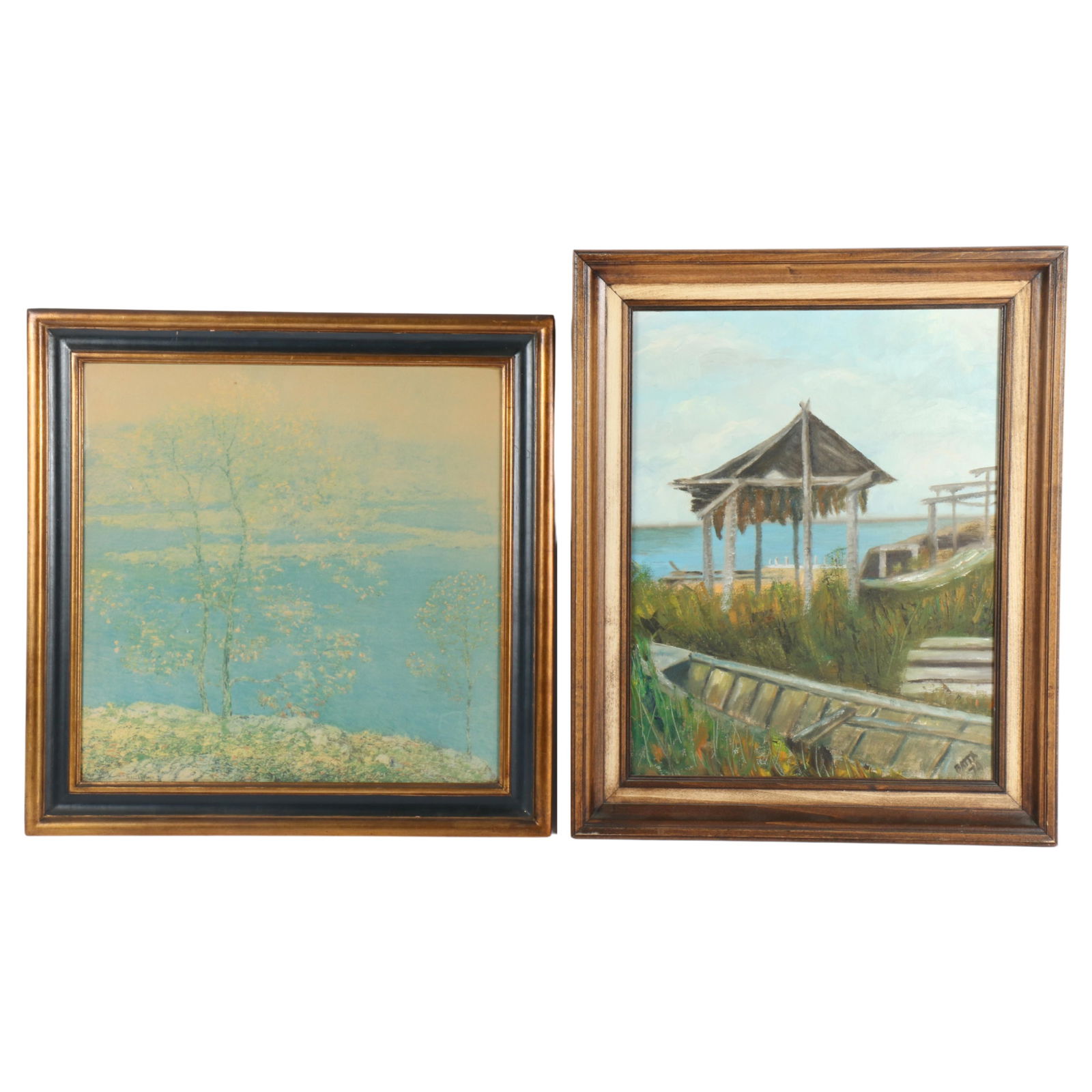 After Lawrence Mazzanovich (1871-1959) April Twentieth, print; and, harbor scene, naive oil painting: After Lawrence Mazzanovich (1871-1959) April Twentieth, print; and harbor scene, naive oil painting on board, 1974 oil painting signed JoAnn Batta verso 17 1/2"H x 13 1/2"W (Sight), 21 3/4"H x 17 3/4"