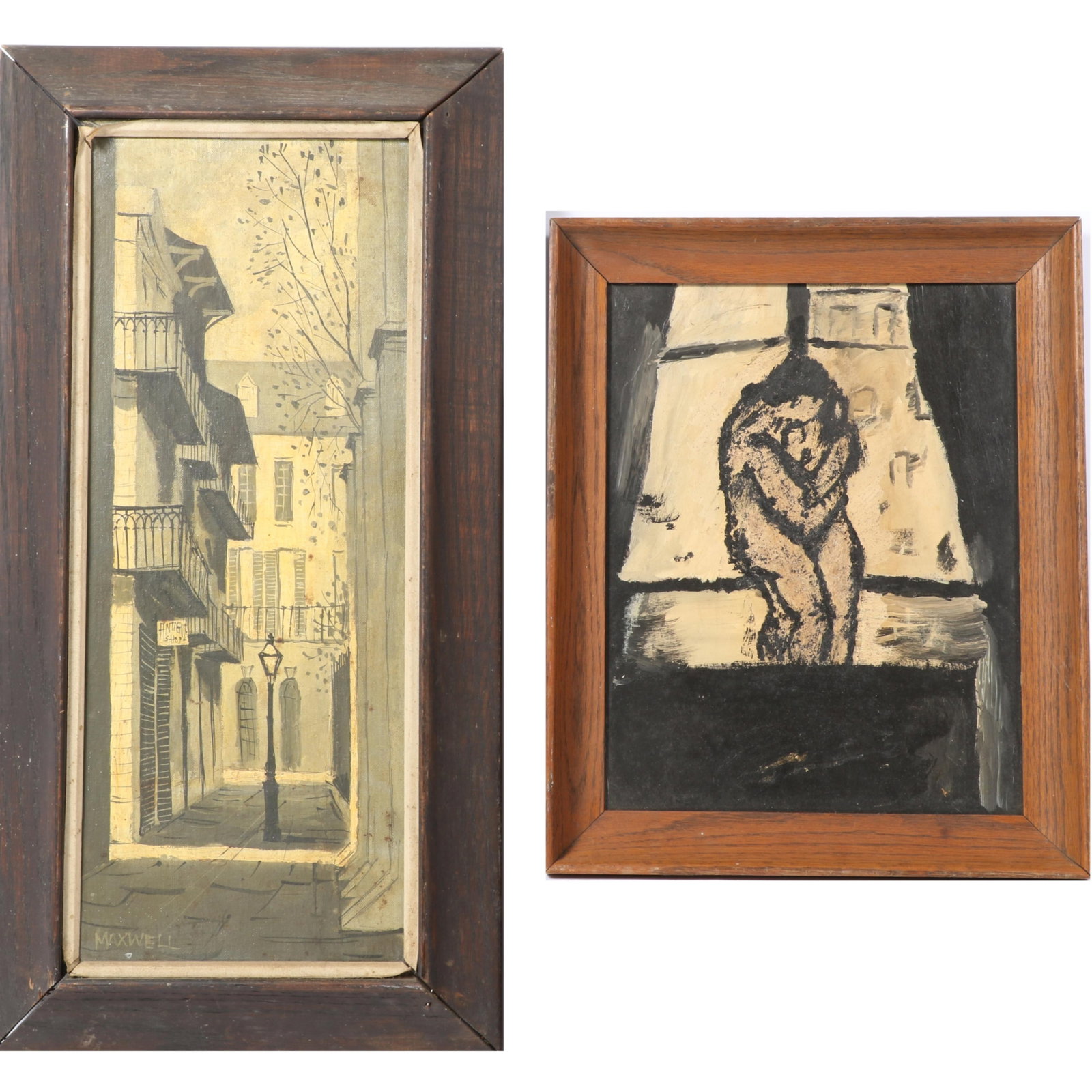 Two framed vintage paintings on board: street scene with antique shop SIGNED Maxwell, nude couple: Two framed vintage paintings on board: street scene with antique shop SIGNED Maxwell, nude couple embracing 19 1/4"H x 7 1/2"W (Sight), 24"H x 12"W (Frame) (Largest)
