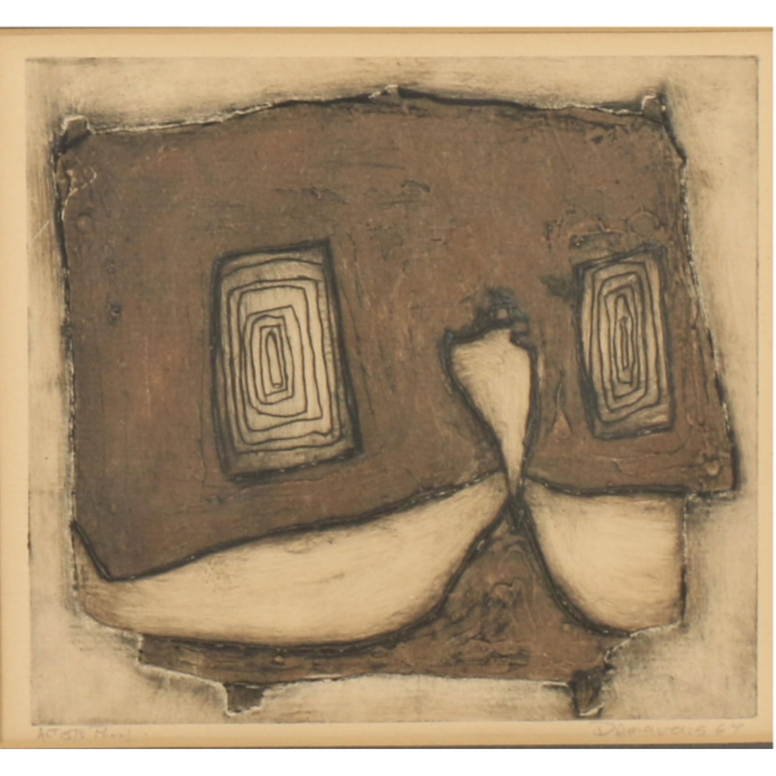 Joseph Demarais, American (1927 - 1971), figural abstract, 1964, intaglio etching, 5 1/2"H x 6"W: Joseph Demarais American (1927 - 1971) figural abstract, 1964 intaglio etching Pencil signed and dated lower right, artist's proof. Biography from Annex Galleries: Printmaker, sculptor, and educator J