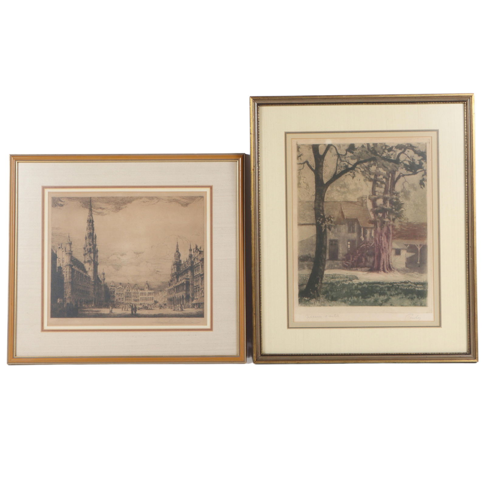 Pair of European landscape and architectural works: Ren? Van de Sande (France, 1899-1946), etching: Pair of European landscape and architectural works: Ren? Van de Sande (France, 1899-1946), etching of the Brussels Grand Place, and Pauley? signed color etching 14 1/2"H x 11"W(sight), 21"H x 17 3/4"W