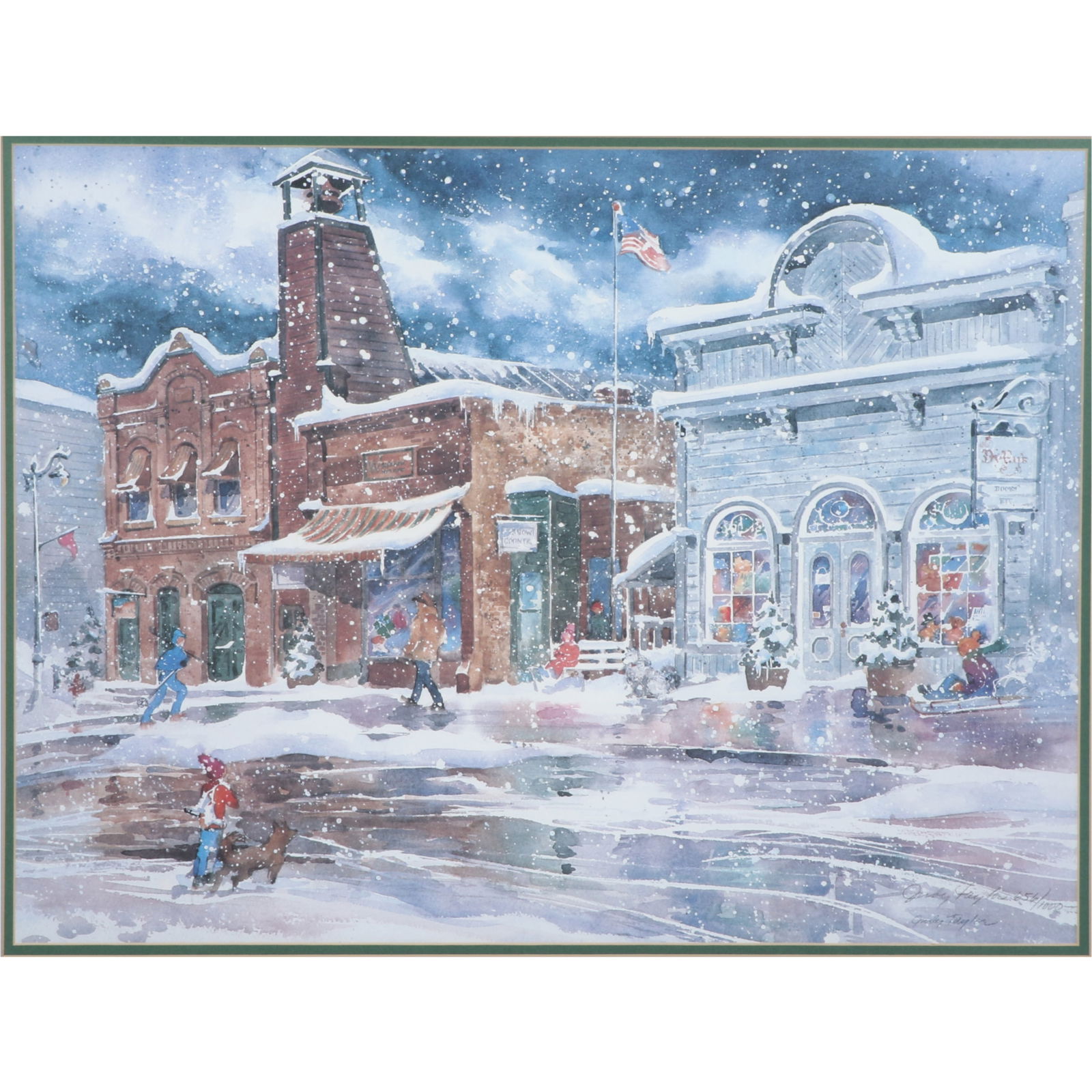 Judy Taylor, winter downtown street scene, lithographic print 25 1/2"H x 31 1/2"W (frame) (1 of 9)