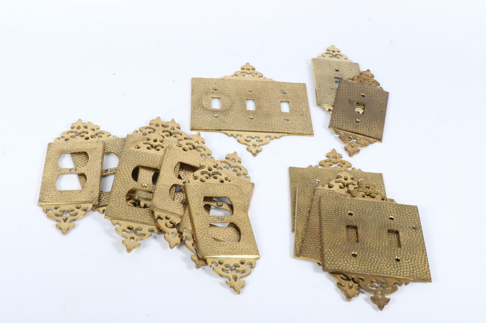 Vintage hammered brass light switch and outlet covers, 15pc largest cover is 8in by 6in (1 of 6)