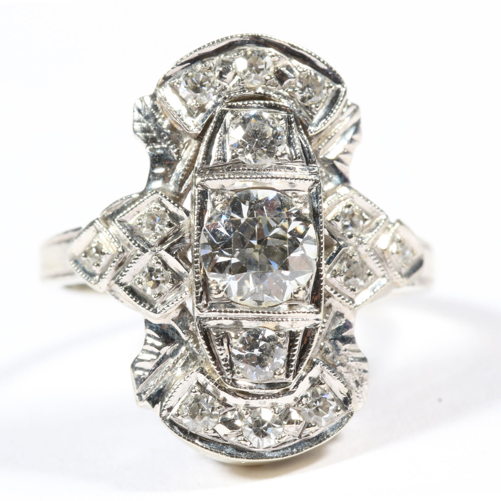 14K white gold Art Deco diamond shield "Dinner" ring. Ring size 5 1/2. (1 of 13)