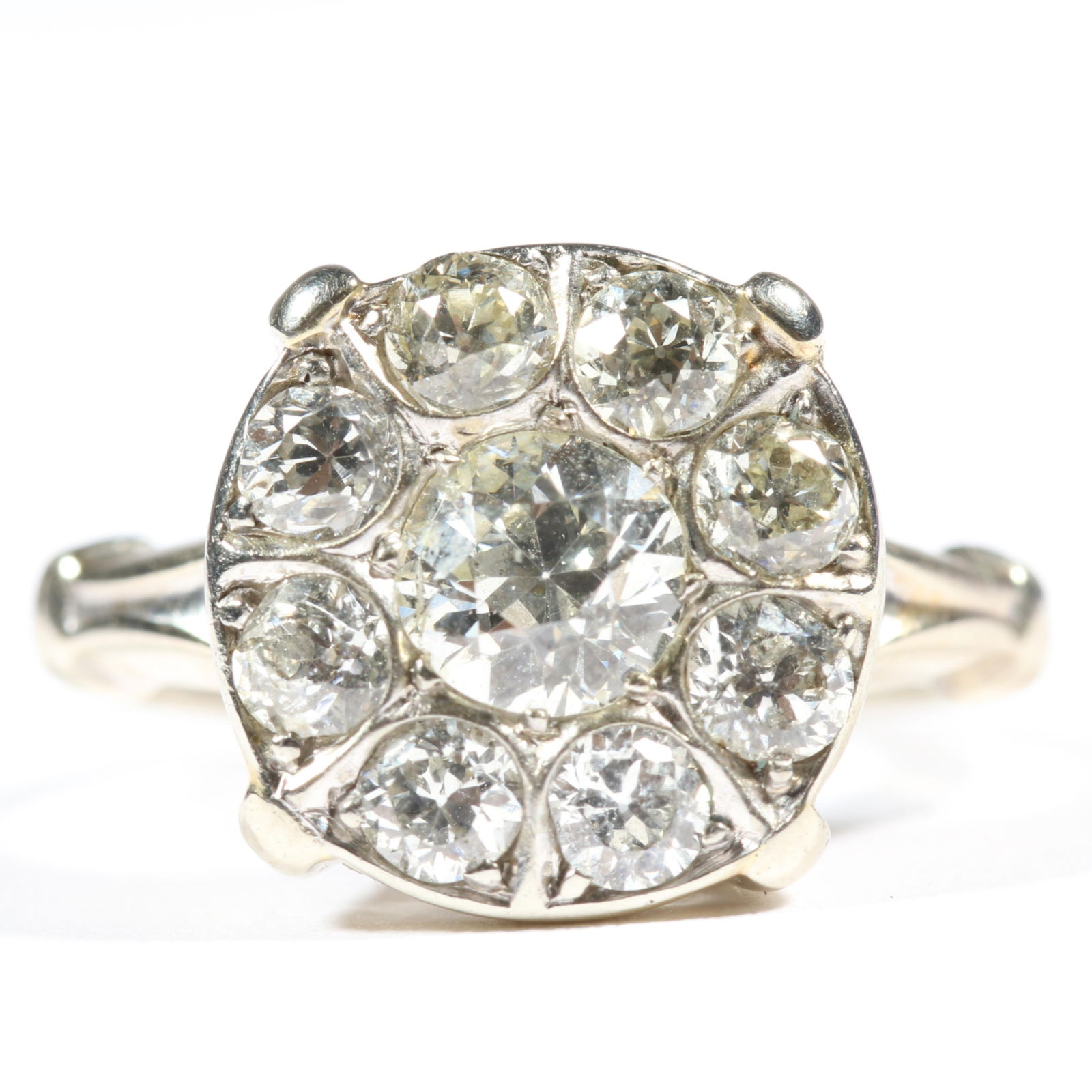 14K white gold Art Deco diamond ring with 9 diamonds unmarked tested. Ring size 6. (1 of 10)