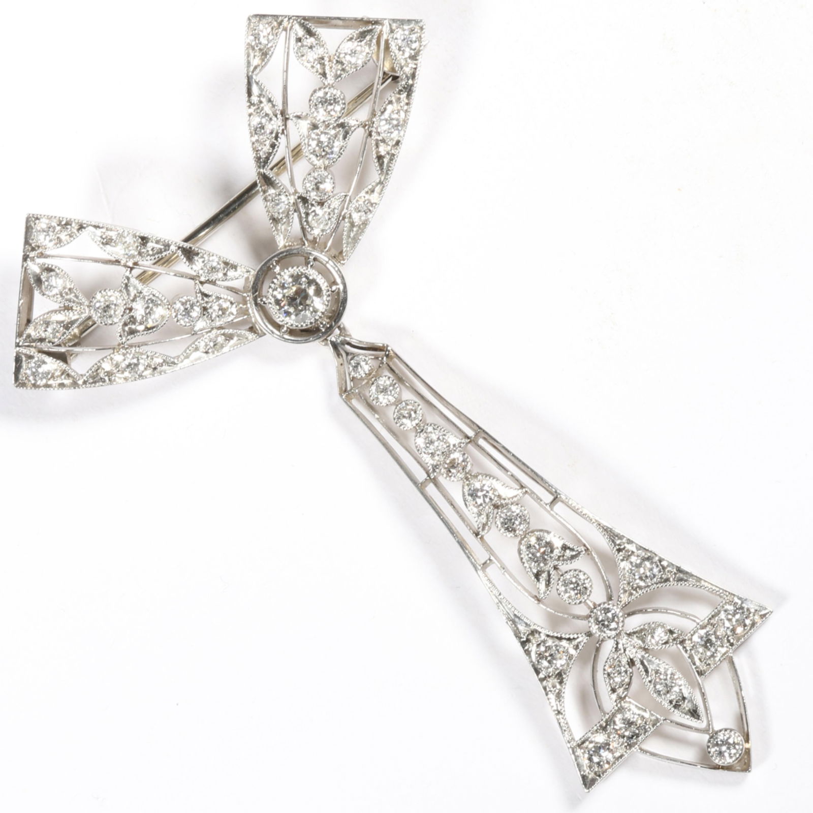 Antique Platinum Art Deco elegant diamond bow drop brooch, unmarked. 2 1/2"Drop x 1 1/2"W (1 of 7)