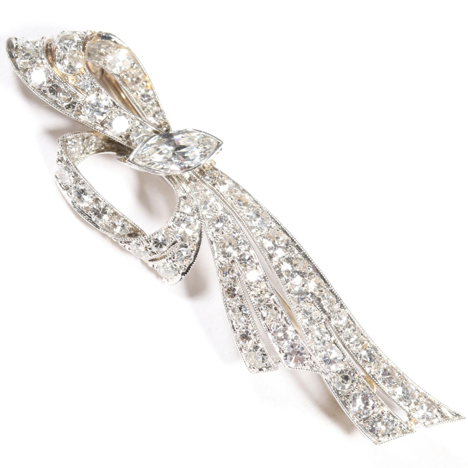 Vintage Platinum diamond bow brooch unmarked. 1 3/4"L x 1/2"W: Vintage Platinum diamond bow brooch unmarked. 3.72 DWT64 round single cut diamonds, approx. 1.60 cttw H-I, VS2-SI2Center marquise 7.4 x 3.55 mm approx. .33 ct. F, VS1Replaced pin back with 14k gold Th
