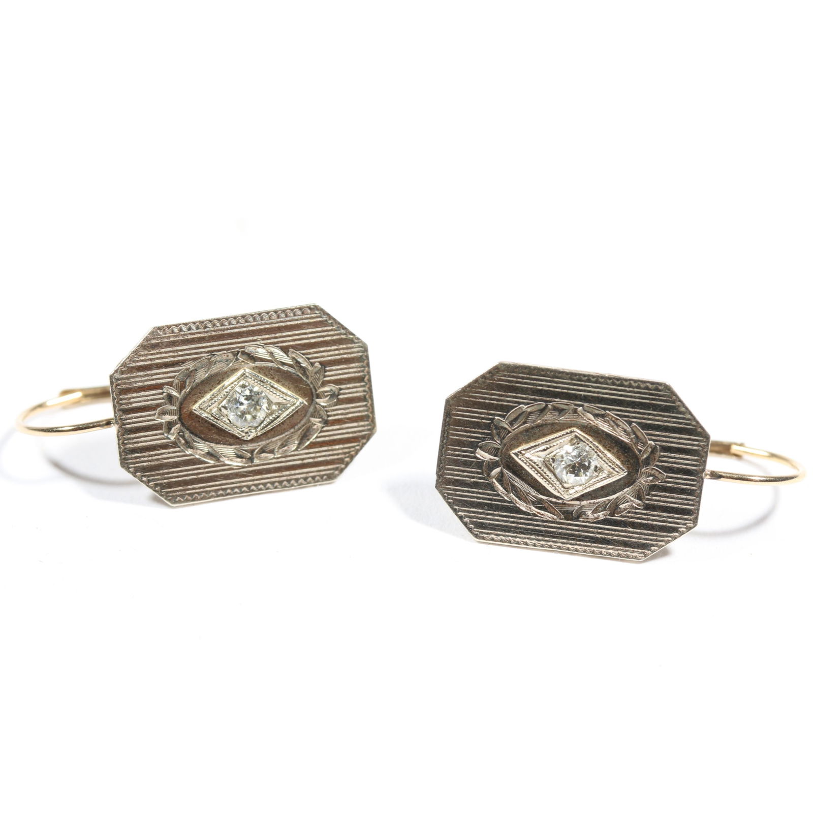 Pair of 14K yellow gold Art Deco converted diamond earrings. 7/8"H x 1/2"W (1 of 8)