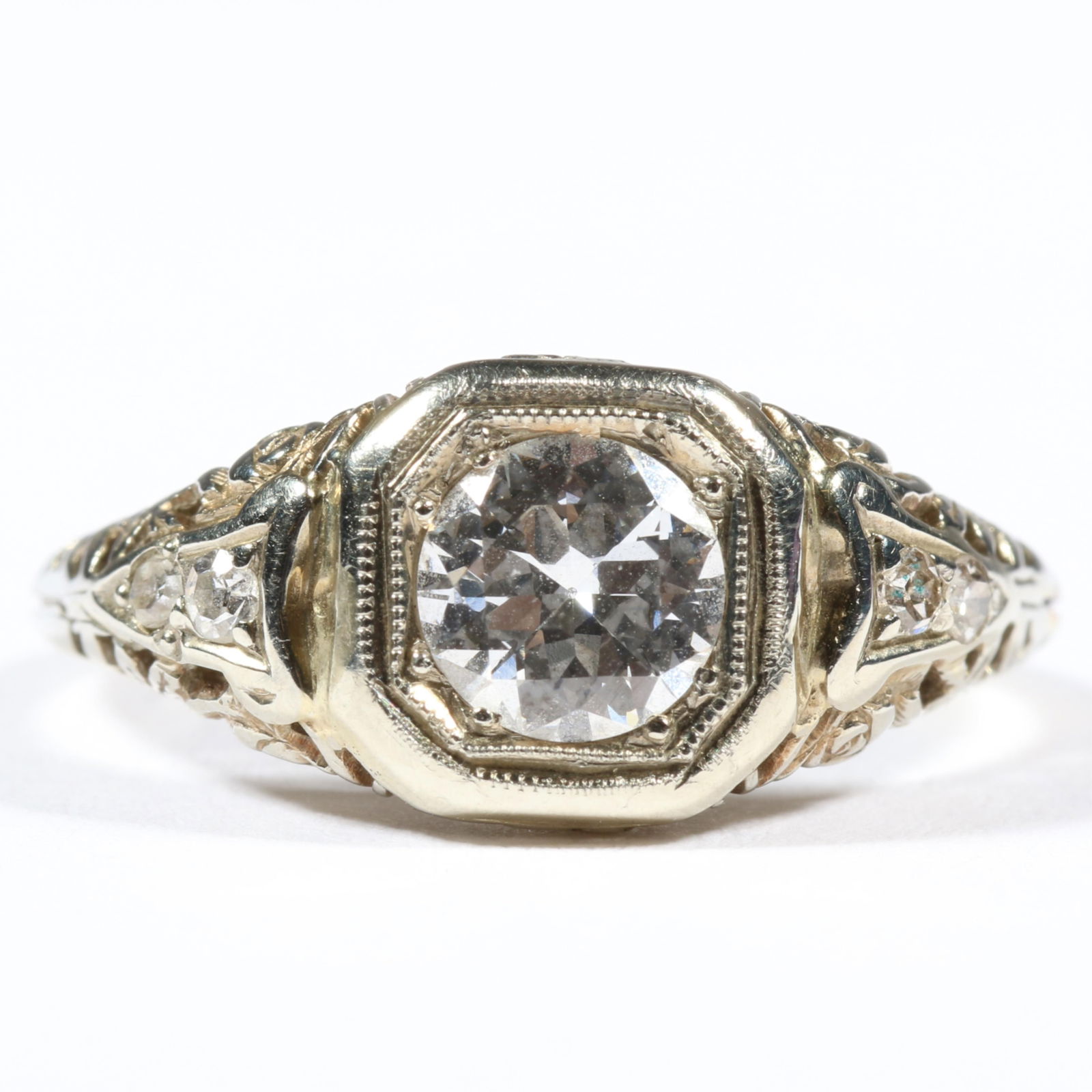 18K unmarked tested white gold Art Deco filigree diamond ring. Ring size 6. (1 of 13)