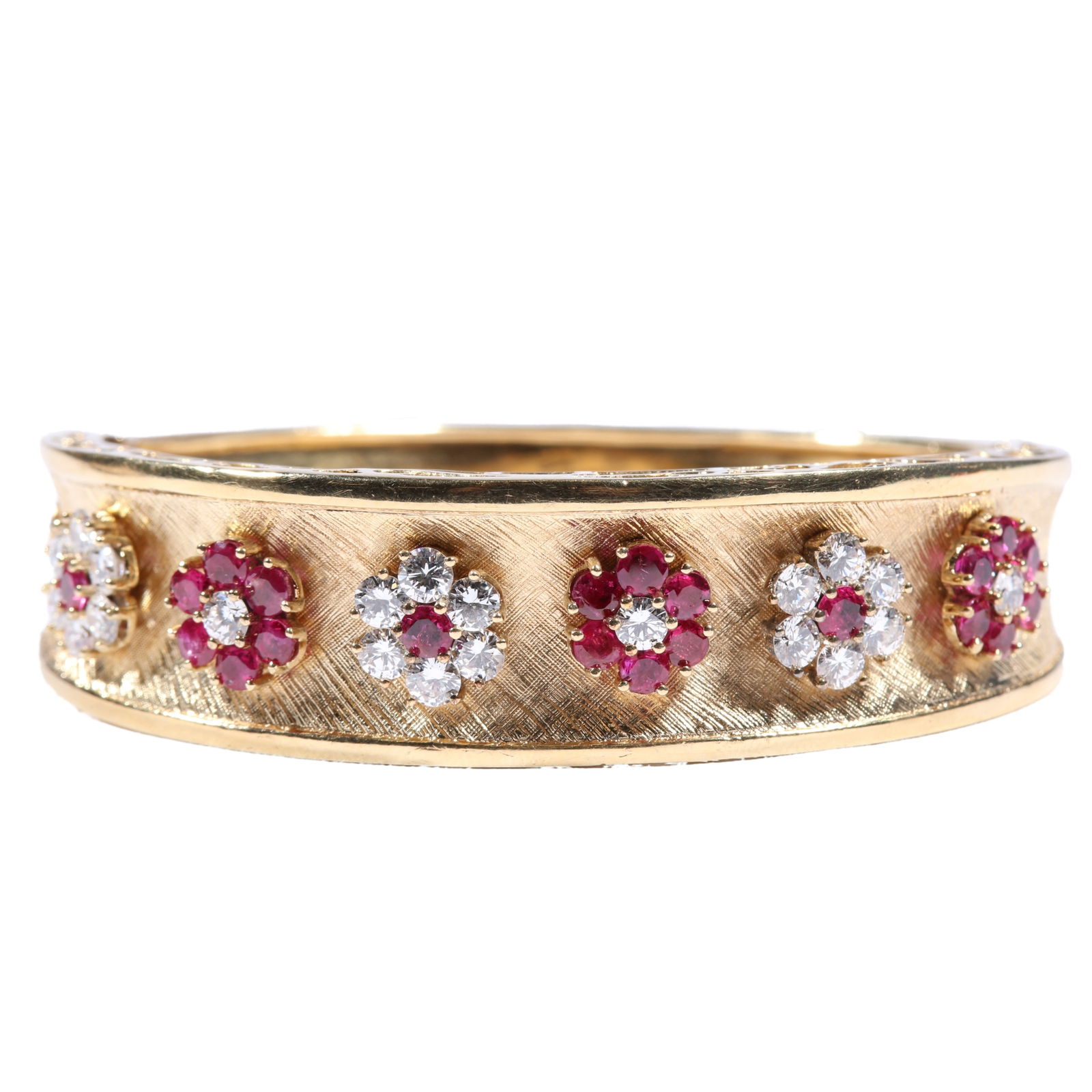 14K Yellow gold hinged bracelet adorned with diamond and ruby florals and filigree. 3/4"H x 2 (1 of 16)