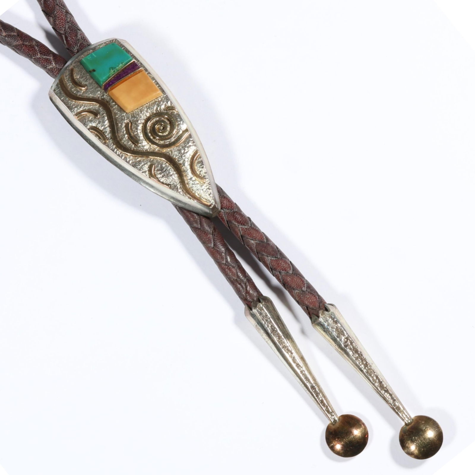 Duane Maktima Native American Laguna / Hopi sterling silver and gold leather bolo necklace with gem (1 of 10)