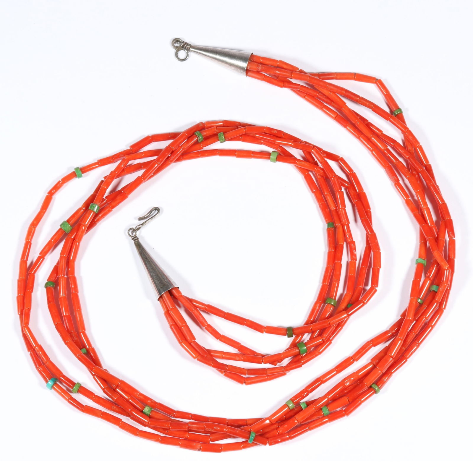 Vintage Native American multistrand coral and turquoise beaded necklace with unmarked sterling? (1 of 5)