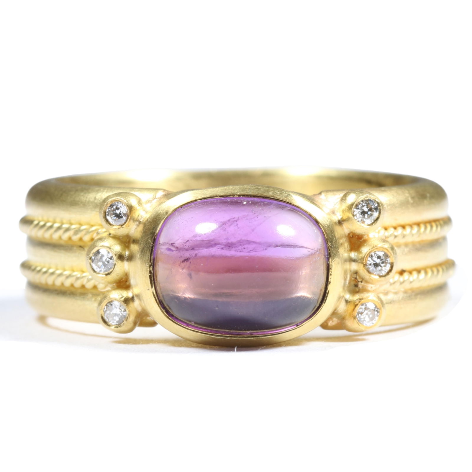 18K green satin gold ring with amethyst cabochon center surrounded by 6 diamonds, unmarked tested.: 18K green satin gold ring with amethyst cabochon center surrounded by 6 diamonds, unmarked tested. 8.47DWT The purchase of gold requires confirmed funds. From the collection of G. Thrapp Jewelers Ring