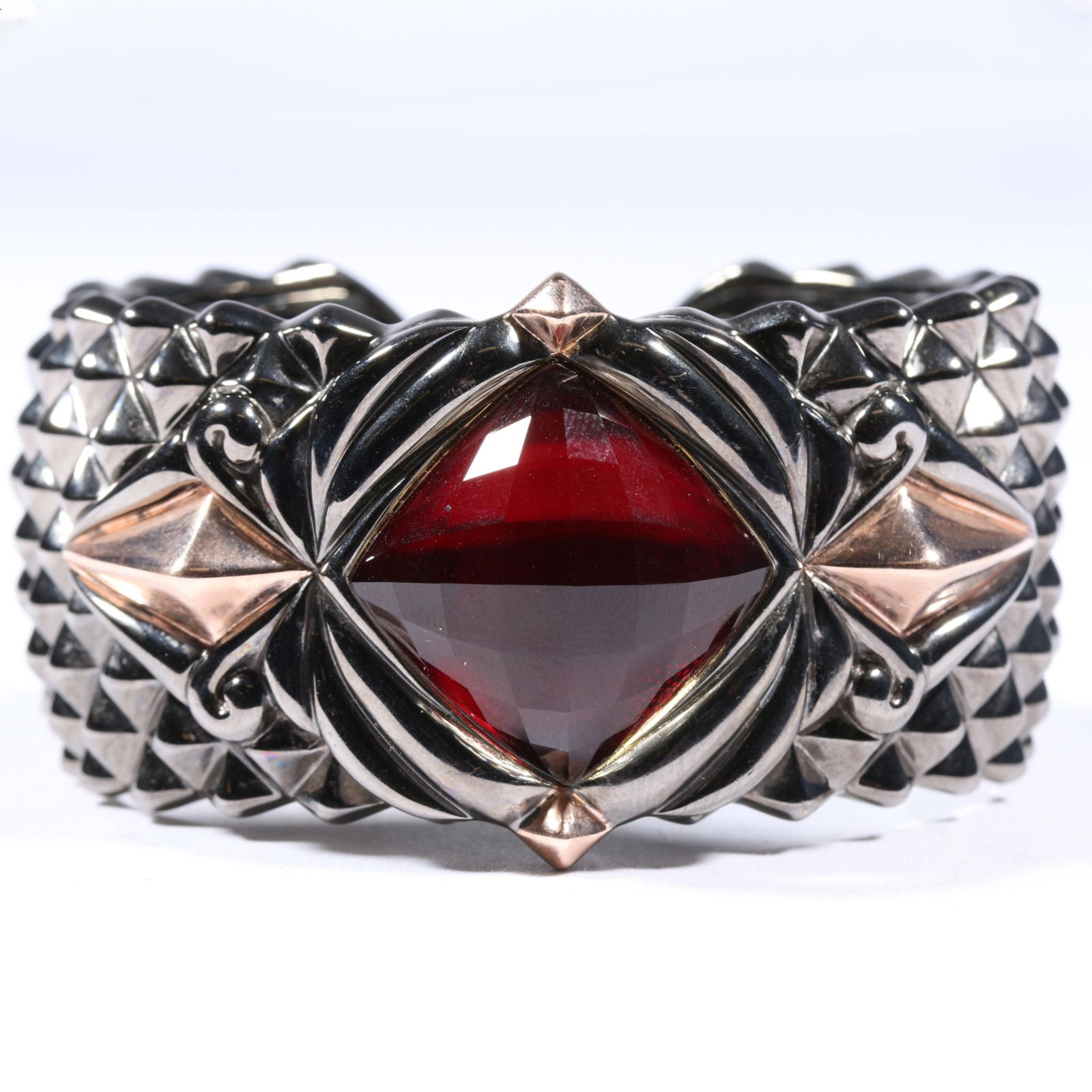 Stephen Webster Superstud heavy sterling silver jeweled cuff bracelet. 1 1/2"H x 2 1/8"Inner: Stephen Webster Superstud heavy sterling silver jeweled cuff bracelet. From the life time collection of Donna Soodalter-Toman, DIVA owner/founder and winner of Best of Boston for DIVA's prominent role