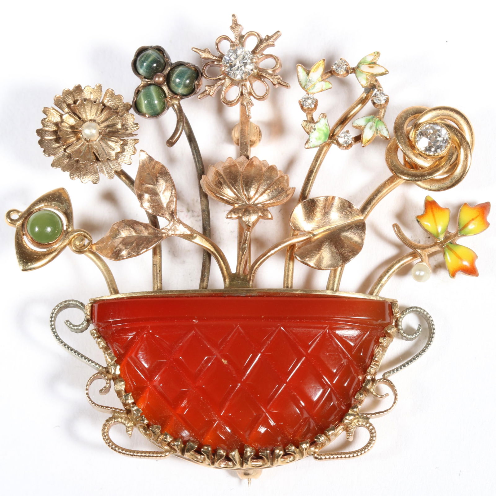 14K yellow gold converted stick pin flower pot brooch featuring diamonds, enamel, green tigers eye, (1 of 11)